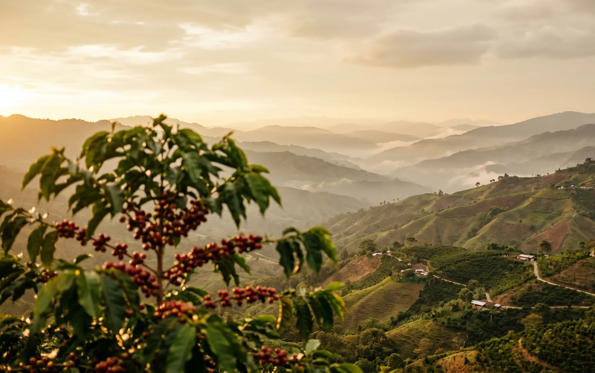 Cerezas de café rojas y maduras en una ladera andina, con la luz dorada del atardecer