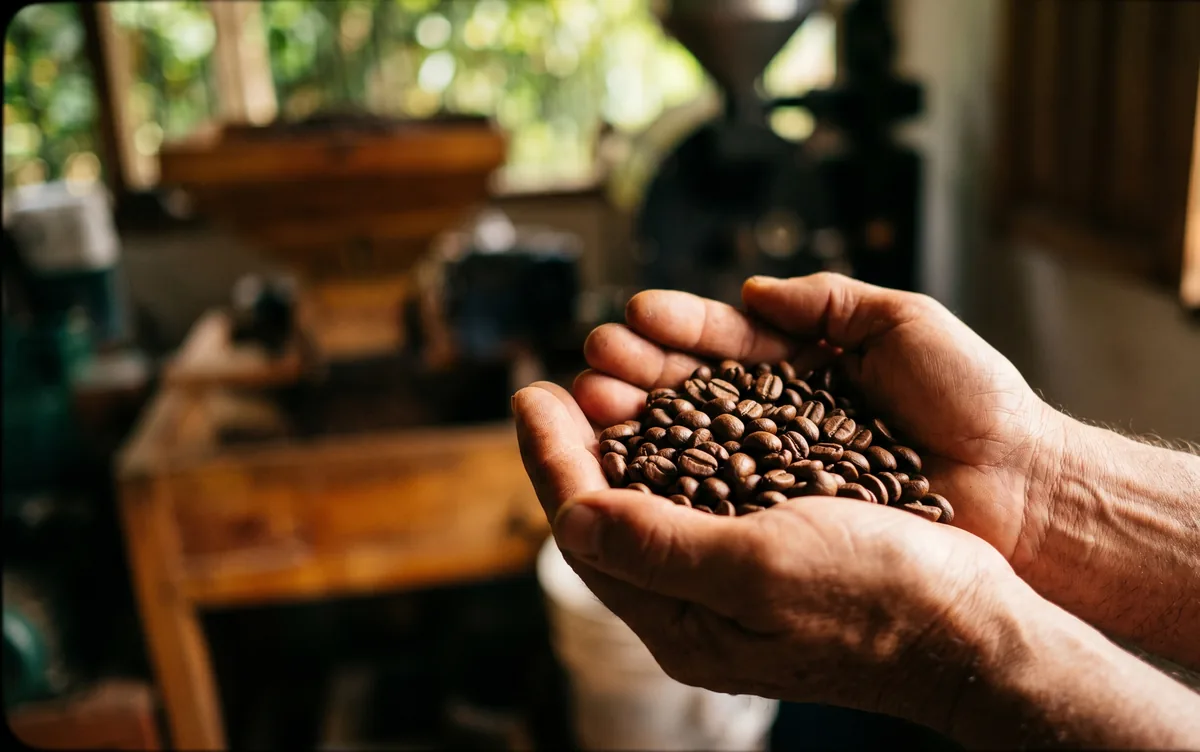 Manos que sostienen granos de café colombiano recién tostados