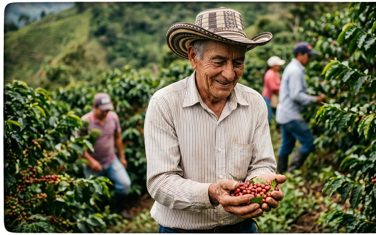 Un caficultor sostiene cerezas de café rojas y maduras