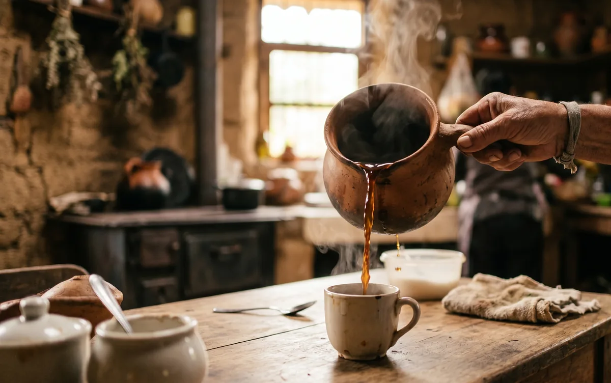 Tinto colombiano tradicional servido desde una olla de barro