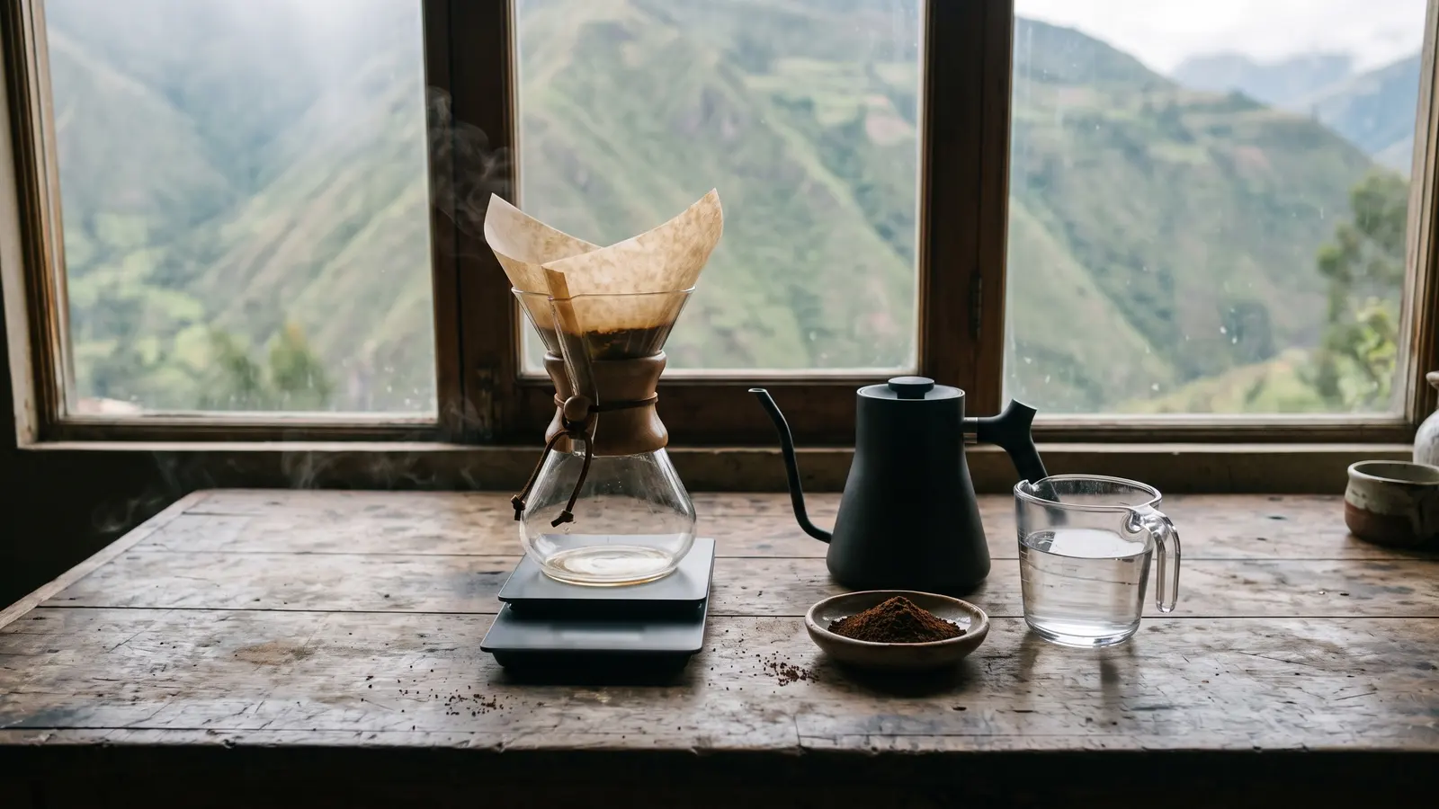 Una cafetera de vidrio para filtrado manual con su filtro de papel sobre una balanza de cocina, una tetera de cuello de cisne, un platito con café molido y una jarra medidora con agua sobre un mesón de madera, junto a una ventana que da a montañas verdes