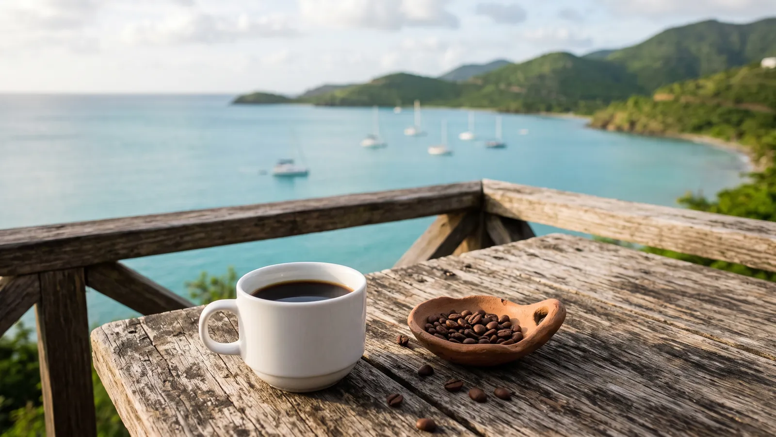 Una taza blanca de café negro y un platito de barro con granos tostados sobre una terraza de madera gastada, frente a una bahía turquesa con veleros fondeados