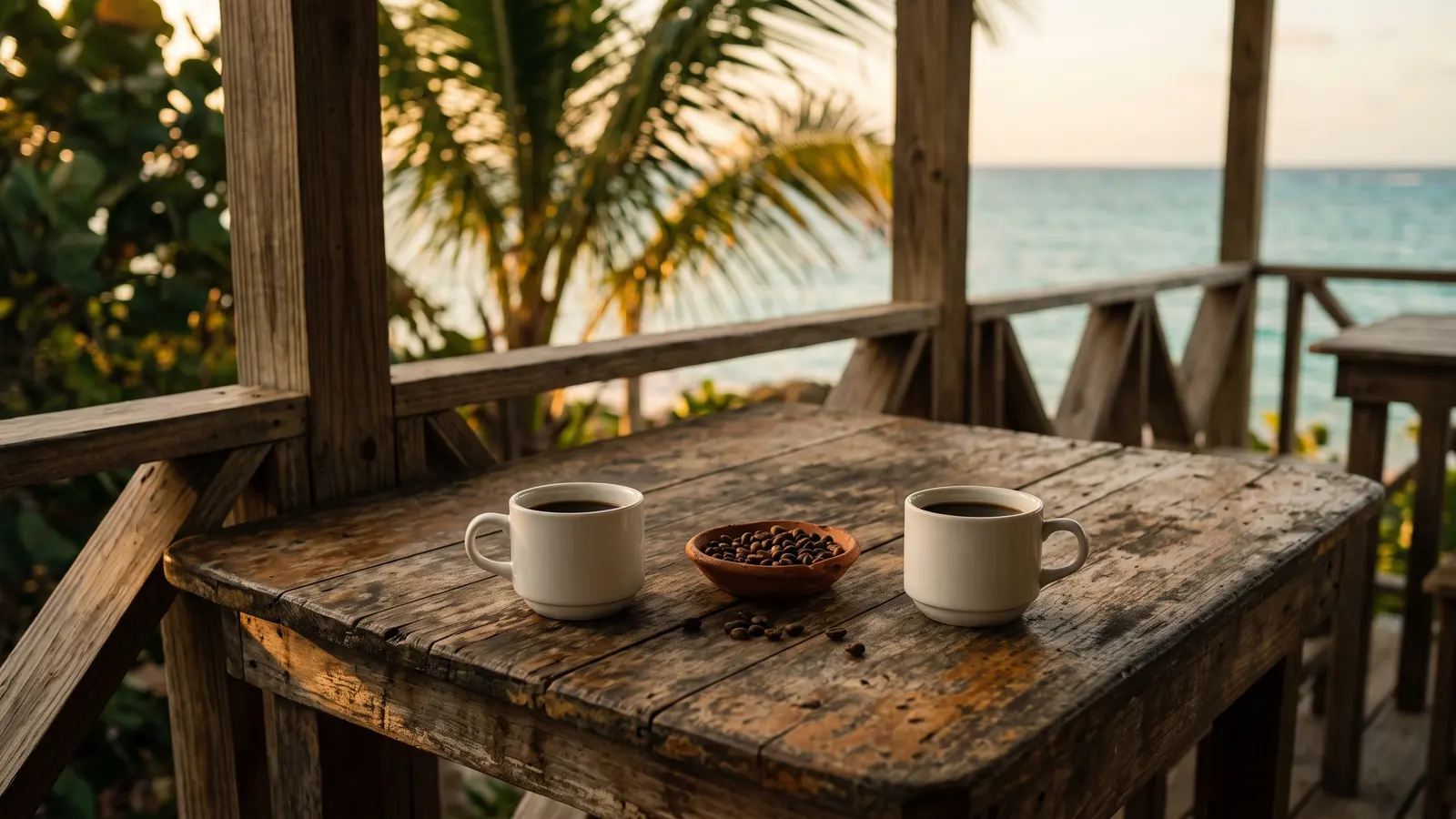 Dos tazas blancas de café negro y un platito de barro con granos tostados sobre una mesa de madera gastada en un corredor, con hojas de palma y un mar turquesa al fondo