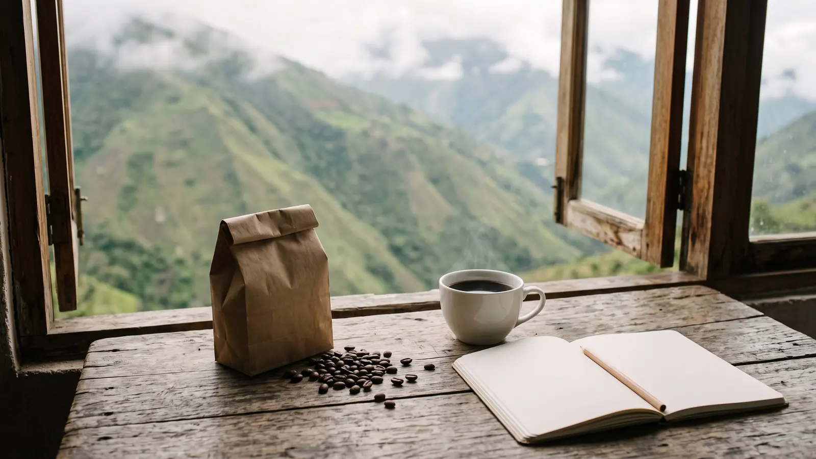 Una bolsa de papel con granos de café tostado y unos granos regados al lado, una taza de café negro y una libreta abierta con un lápiz sobre una mesa de madera, junto a una ventana que da a montañas verdes con neblina