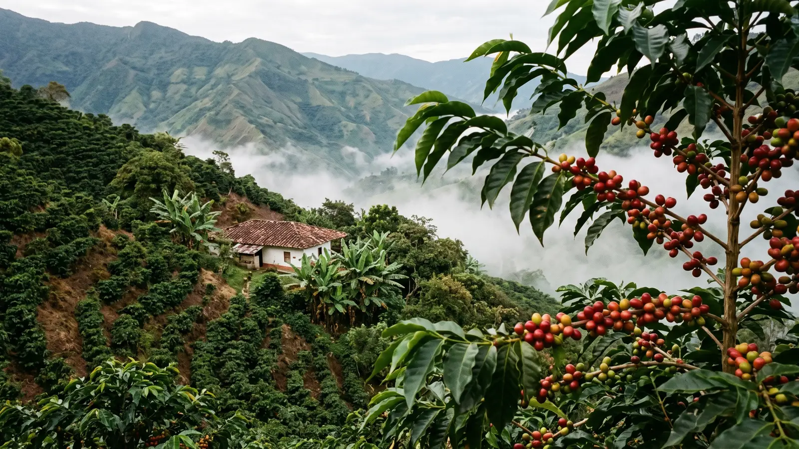 Cafetos cargados de cerezas rojas maduras en una ladera andina empinada, con una casa campesina blanca entre matas de plátano y neblina en el valle