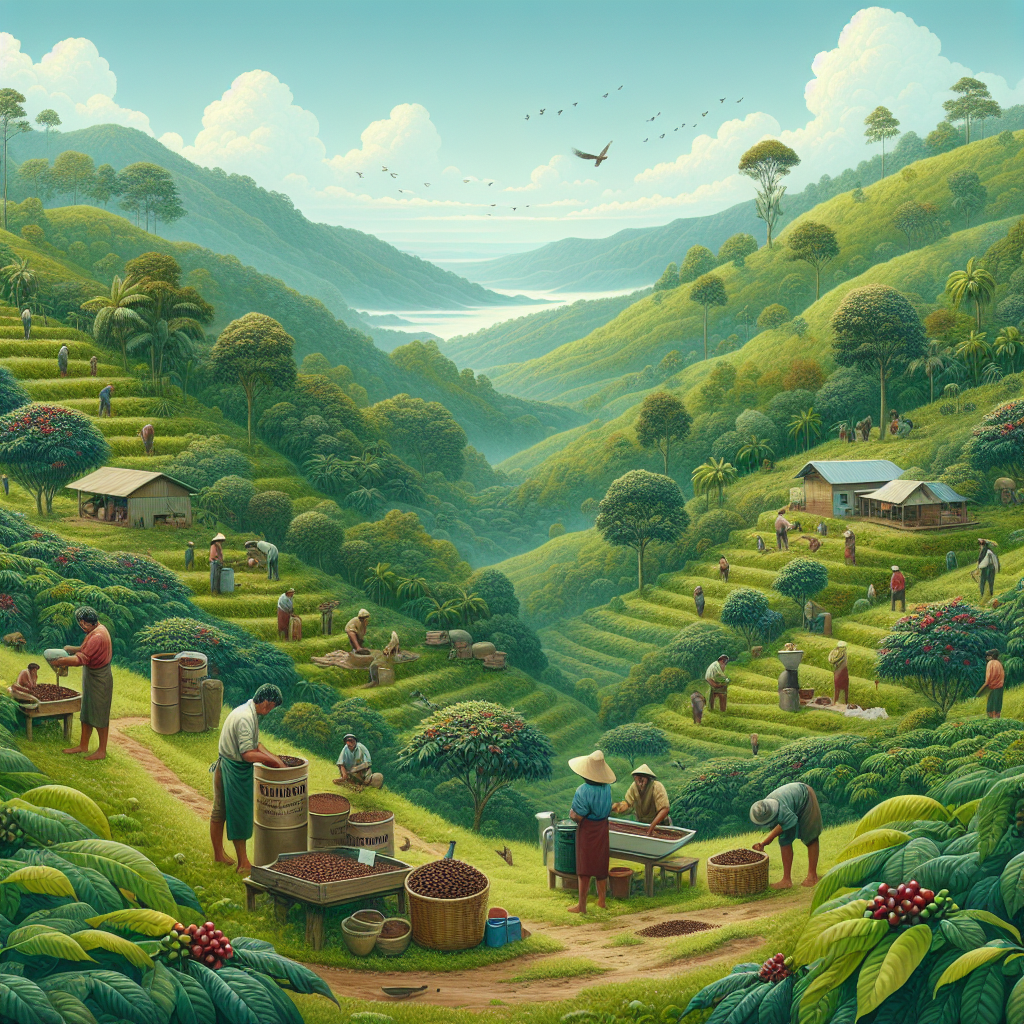 Create an idyllic landscape image showing small Colombian coffee farms nestled among lush green hills. There should be farmers of various DESCENTS, both male and female, busily at work, hand-picking ripe coffee beans from Arabica plants, signifying their meticulous care to guarantee the coffee's quality. Include scenes of Kukuwu sourcing, visualising the concept of fair and direct trade. Depict the Colombian coffee process in subtle ways, maybe through a depiction of a man or woman preparing the beans for roasting. The image should be realistic, embodying an editorial-quality, and be devoid of any text or logos.