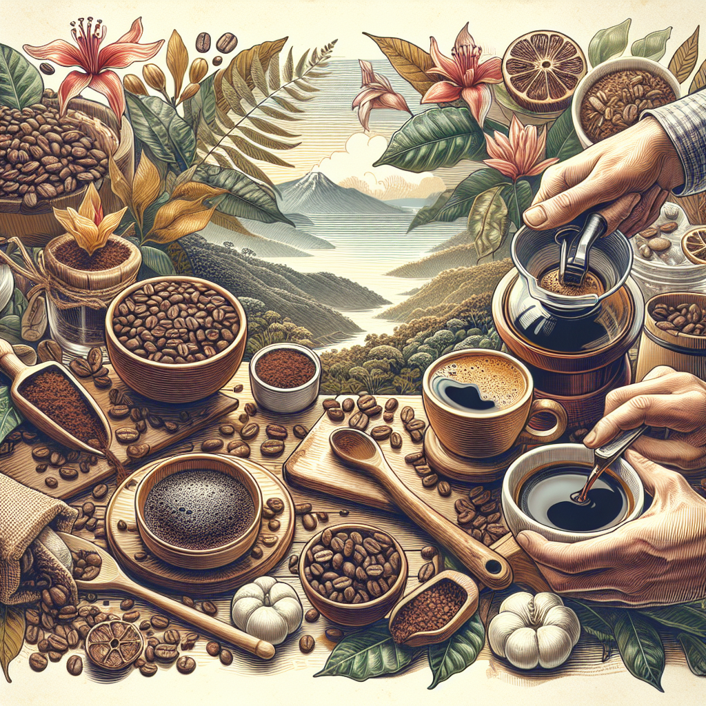 Craft an elegant and high-quality image to be used for a blog post about Huila Coffee. The image should embody visual themes inspired by Huila coffee, Colombian flavor profile, Kukuwu beans, coffee tasting guide, and Arabica Huila. Show aspects of a single origin Colombian coffee journey, from the raw beans being inspected, to the coffee being brewed, tasted and savored. The setting should feel deeply familiar, as if one is being immersed in the beautiful coffee landscapes of Colombia. Remember not to include any text or logos, the image has to be purely pictorial.