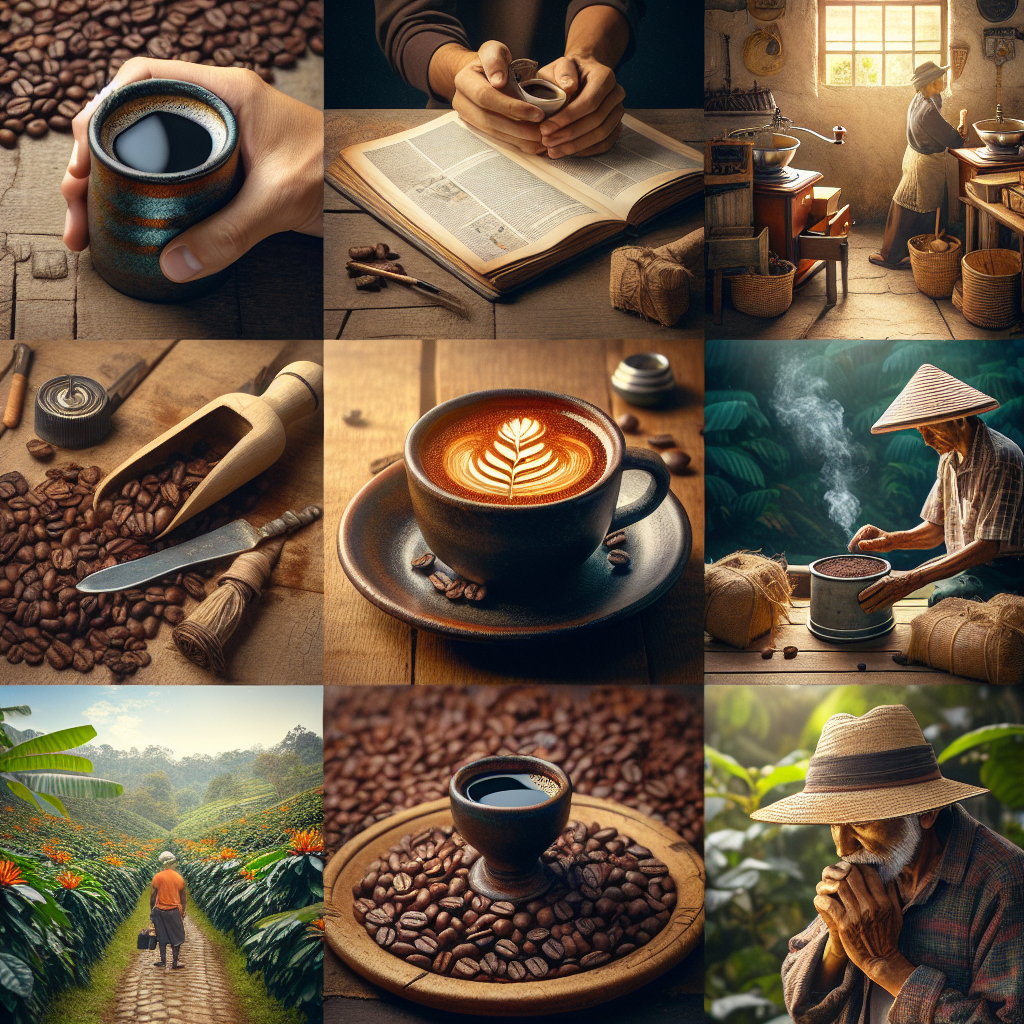 Craft an editorial-quality image reflecting the essence of Colombian coffee culture. Central is a traditional serving of Colombian Tinto, exuding warmth and rich flavor, nestled in a rustic coffee cup. Around it, show daily coffee habits: a Colombian handcrafting coffee in a rural setup, another taking a contemplative sip, a kukuwu coffee plant flourishing in the background. Infuse all this with the unique charm of Colombian traditions. The environment is vibrant yet tranquil, mirroring the balance between the invigorating power of coffee and the calming rituals that surround it. Make sure the image is suitable for in-article use without any text or logos.