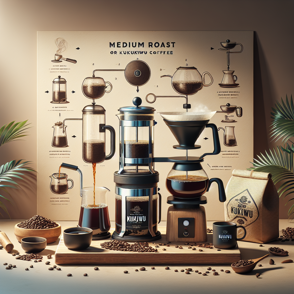 Create an editorial-quality, realistic image focusing on the subject of Medium Roast Brewing for Kukuwu Coffee. The scene should capture visual themes related to the brewing process of medium-roast coffee using various popular methods. This includes a French press with Colombian coffee seen in the process of brewing, a pour-over stand showcasing the technique popular in Colombia, and finally, a detailed step-by-step guide to the brewing process of Kukuwu coffee. The environment should be grounding, topic-relevant, and void of any text or logos, making it ideal for use within an article.