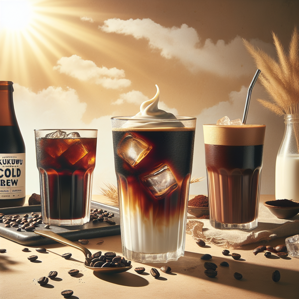 Create an editorial image showing three different summer coffee drinks laid out on a table against a sunny backdrop. The first drink is placed in a tall, clear glass—Kukuwu cold brew, emanating its robust dark hue. The second drink represents a Colombian cold brew recipe, poured over ice with a creamy swirl of milk atop. The third drink is a unique cold brew cacao, effusing rich chocolatey notes. Beside the glasses, ingredients such as coffee beans, cocoa nibs, and milk are artistically arranged. Leave the image free from text and logos. This still life composition should exude a summer vibe and be apt for in-article use.