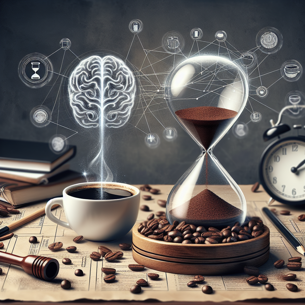 Create an image showcasing caffeine focus and the relationship between coffee and mental clarity. The image shows a steaming cup of Colombian coffee placed beside an hourglass, symbolizing caffeine timing. Scattered coffee beans, representing the best coffee for focus, surround this setup. In the background, subtly depict elements representing Kukuwu productivity: a well-lit, clean desk with pens and notebooks. Meanwhile, drawn lines interconnecting these elements represent neural pathways in the brain, emphasizing alertness. This realistic, editorial-quality image is specifically designed to be appropriate for in-article use and free of any text or logos.