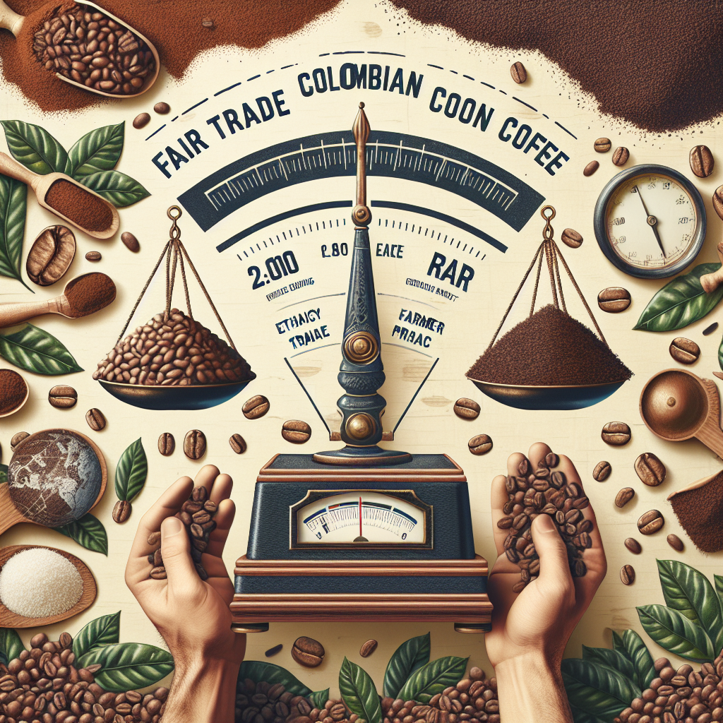 Generate a realistic, editorial-quality image suitable for a blog post about fair trade Colombian coffee. The image should highlight themes of fair trade Colombian coffee, ethical sourcing manifested through symbolic elements like hands exchanging coffee beans to represent direct trade, a Colombian coffee farm to represent farmer impact, coffee beans measured on a balance scale to represent fair pricing. These visuals should all come together to convey a grounded, topic-relevant narrative, fitting for within-article usage. No text or logos should be included.