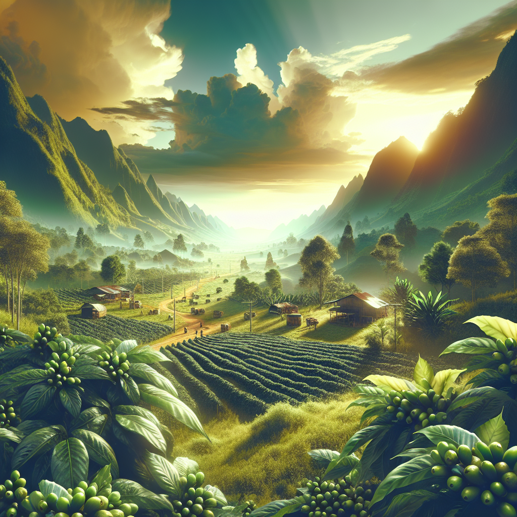 Generate a realistic, high-quality image related to the theme of sustainable coffee production in Colombia. The scene should encompass elements of eco-friendly farming with visuals of shade-grown Arabica coffee beans. Depict Kukuwu themes in the environment, expressed through a lush, green, and abundant scenery that is balanced with nature. Ensure the overall representation is ethically sourced, emphasizing the harmony between agriculture and the surrounding environment. The aesthetic should be grounded, relating to the topic, and suitable for use within an article. No text or logos should be visible in the image.