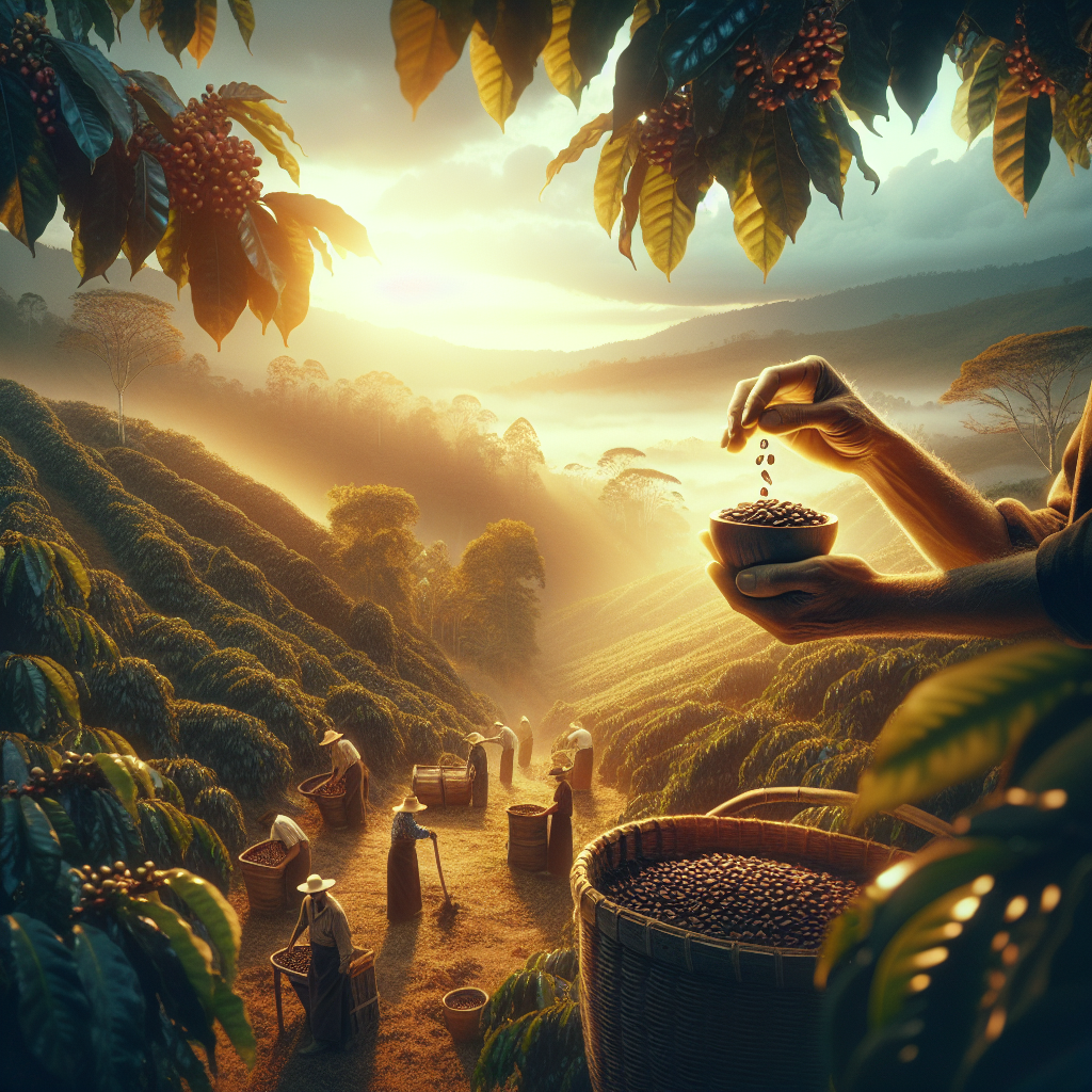 Create an editorial-quality, realistic image highlighting the rich coffee culture in Colombia. Depict a scene that represents hand-picking of Kukuwu beans which are widely used in Colombian coffee. The setting should illustrate a coffee plantation found in the beautiful Colombian landscape, with coffee workers meticulously selecting quality Arabica beans manually. Avoid using any text or logos. The overall ambiance of the image should reflect the tranquility, dedication, and hard work behind stunning coffee harvesting in Colombia, grounding the viewers in the essence of quality coffee production.