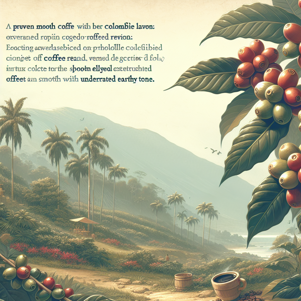 Create a detailed, realistic picture for an article that subtly narrates the story of the Tolima coffee flavor, reflecting aspects of Colombian coffee-growing regions. Begin with an atmospheric depiction of the Tolima region with lush landscapes full of coffee plants. Show vibrant Kukuwu Tolima coffee berries hanging from the branches, the carefully selected coffee beans displaying an earthy tone. The overall essence of the image should reflect the smoothness and underrated appeal of this Colombian coffee. Ensure that the image is appropriately designed for within-article use, without any text or logos. The resulting image should narrate a tale of proven smooth coffee with underrated earthy notes.