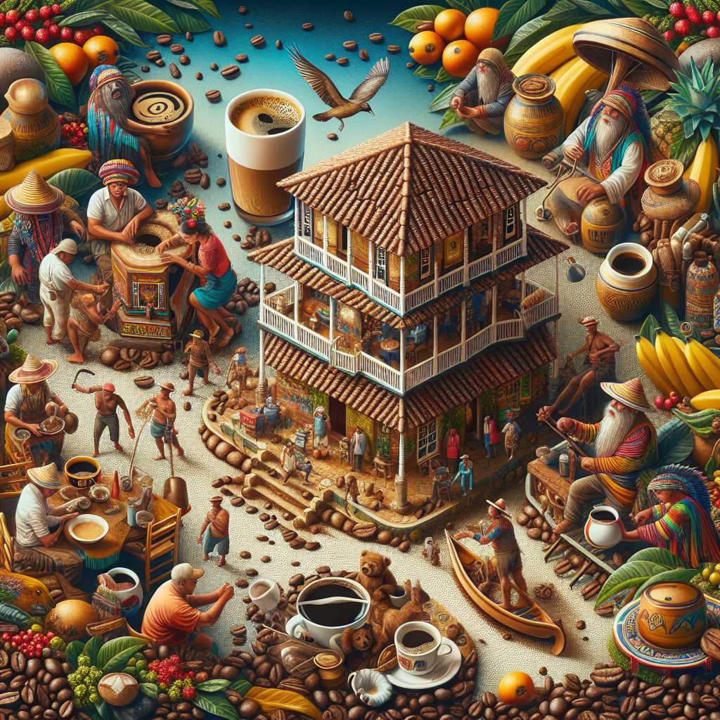 Generate an image that captures the essence of 'Tinto Colombia' featuring realistic scenes that reflect the Colombian coffee culture. Include elements that highlight the daily coffee rituals and the cultural coffee habits that play a significant role in shaping the stunning Colombian identity. Additionally, incorporate visual cues representing the customs and traditions specific to the Kukuwu community in Colombia. Ensure that the image is grounded, relevant to the topic, and devoid of any text or logos to make it suitable for use within an article.