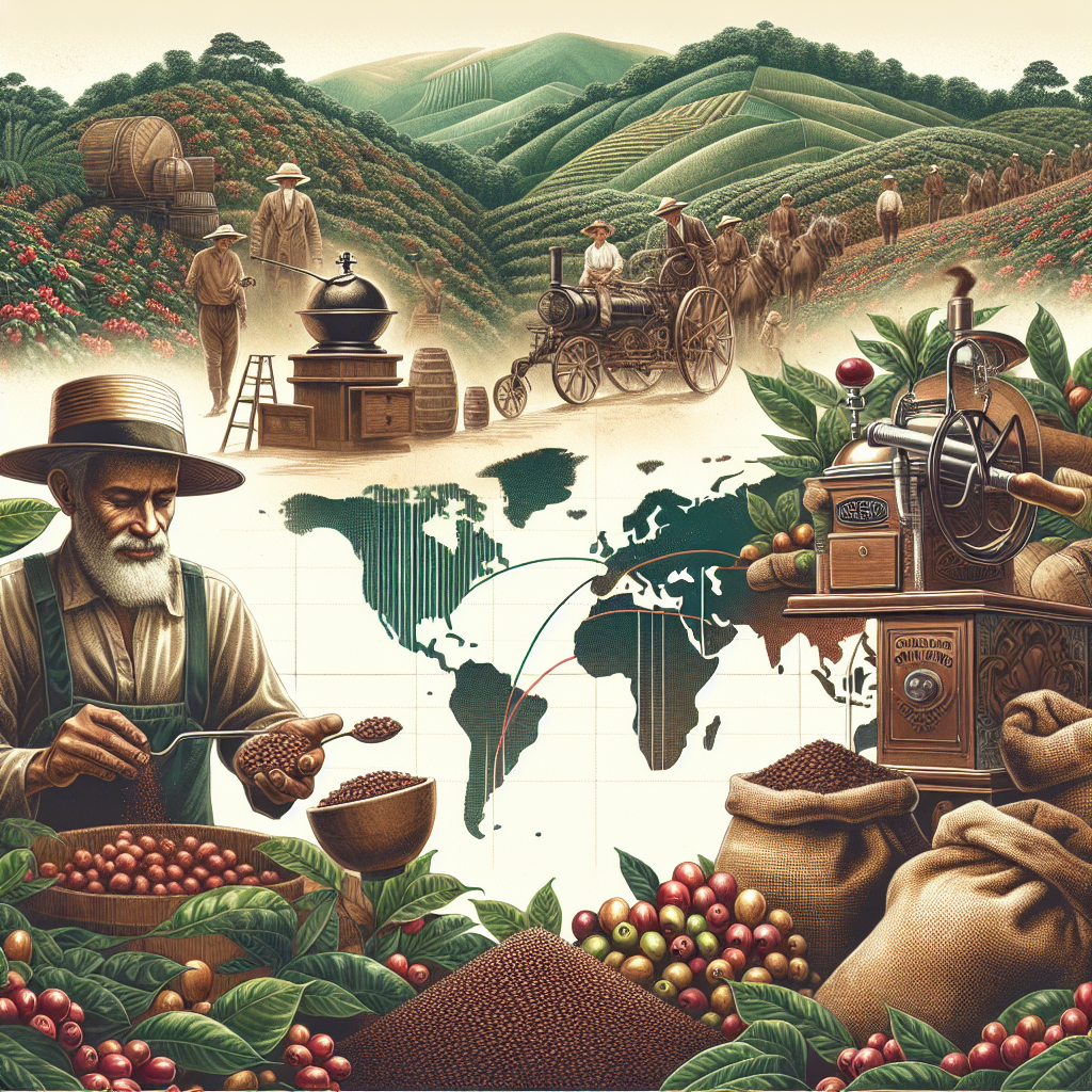 Create an elaborate and editorial-quality image representing the themes of Colombian coffee exports and global coffee market growth. The illustration could include a Colombian coffee farmer, Hispanic in descent, meticulously picking coffee cherries with a backdrop of lush, verdant coffee plantations to signify the source. To highlight history, include an old, rustic, coffee processing machine from the 1900's and pile of vintage burlap sacks filled with coffee beans. Additionally, portray elements of a global market map showcasing various continents subtly shaded in different intensities of brown, indicating coffee consumption. Remember, no brand-specific elements, texts or logos.
