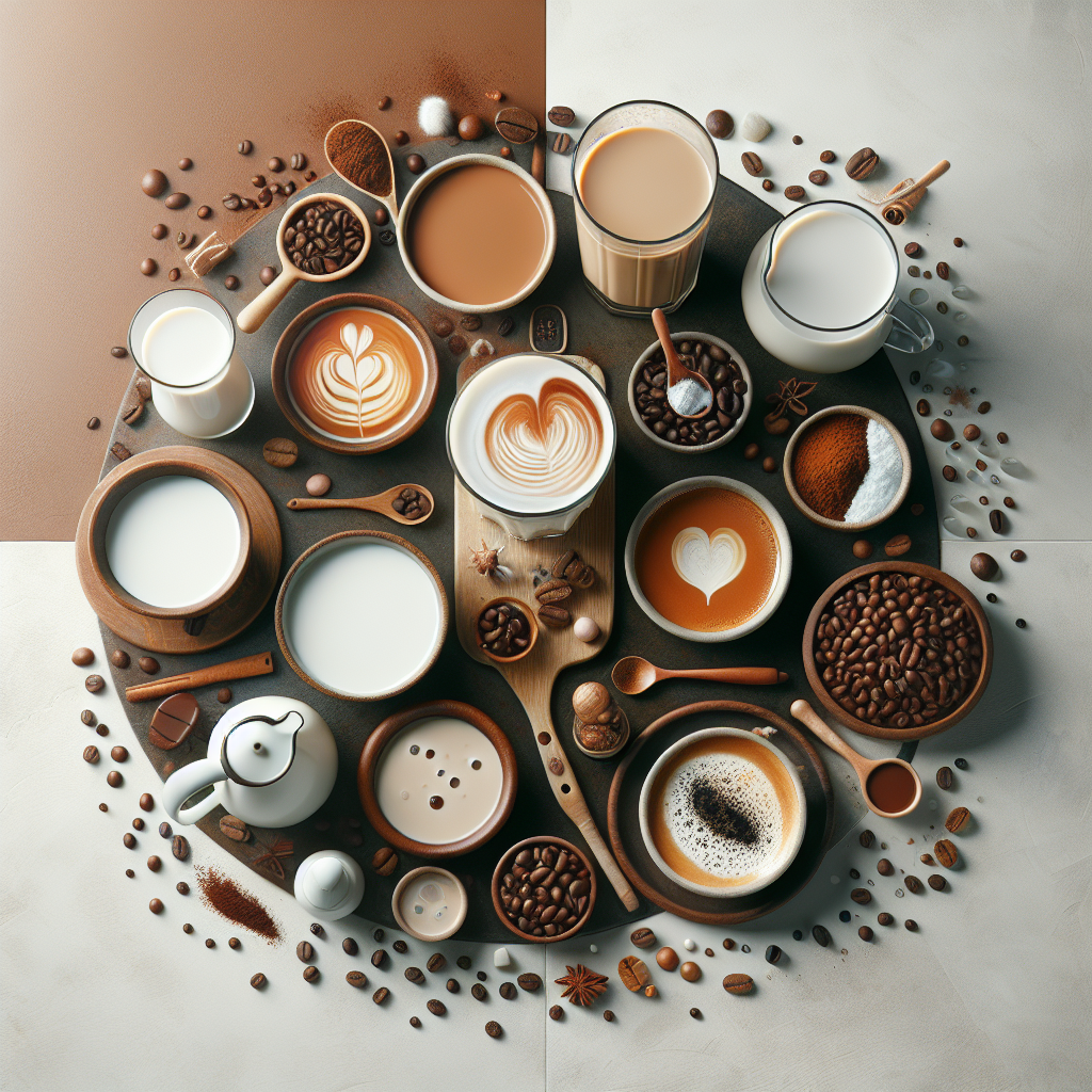 Create an editorial-style, realistic image contributing visual representations of the following concepts: coffee and milk pairings, coffee beans, coffee drinks looking creamy, and a recipe from Kukuwu. The scenario should pay tribute to Colombian coffee traditions, specifically the iconic café con leche. The layout should be structured for usage in an article about different coffee and milk combinations, portraying various types of beans ideal for milk-based coffee beverages. Ensure a grounded, topic-relevant depiction without any text or logos, making it suitable for integrating within a blog post.