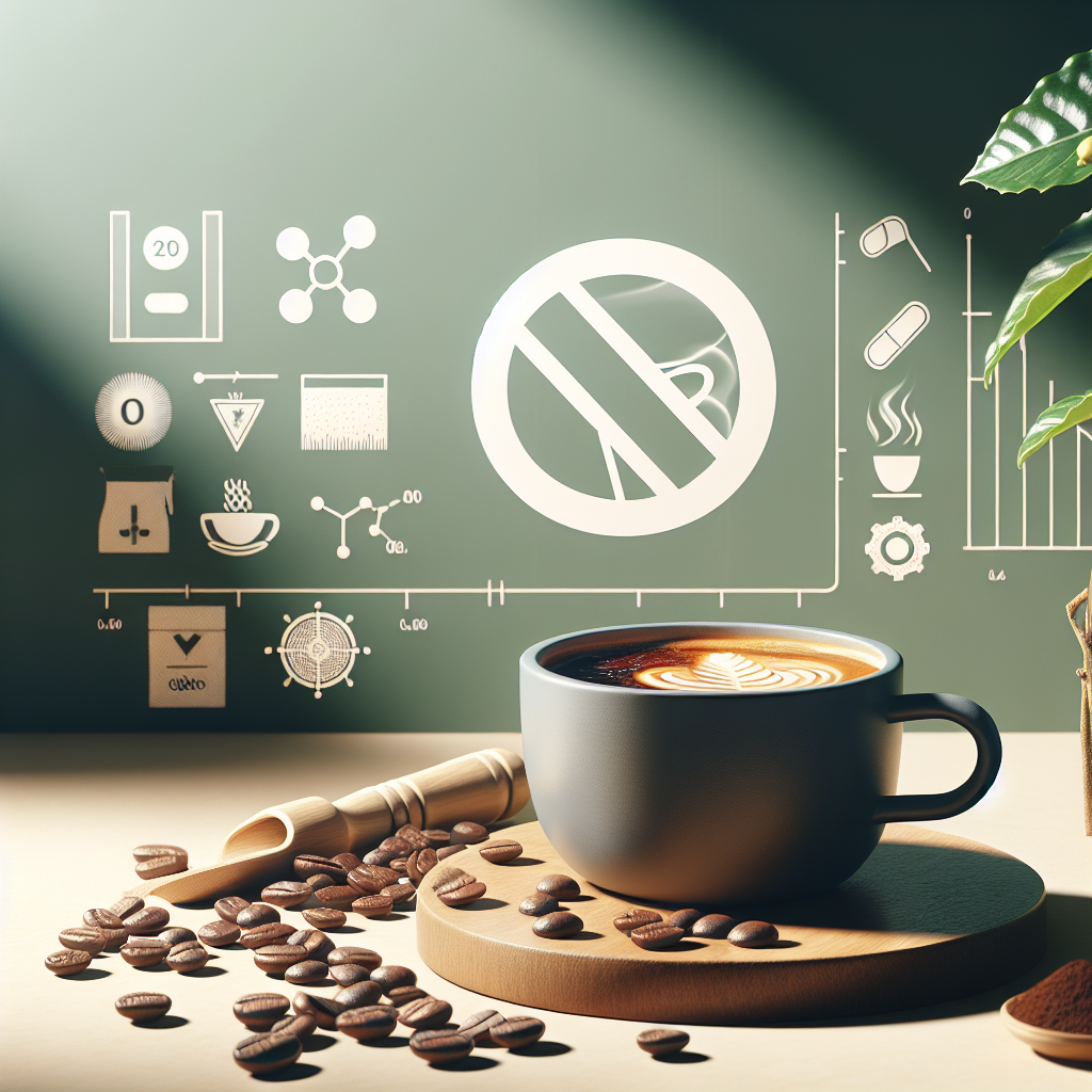 Craft an editorial-style, realistic image that visualizes the concept of 'Caffeine Limits'. The image should focus on the following themes: the restriction symbol showing the limit on caffeine, a cup of Colombian coffee filled to a safe level, the shadow of the Kukuwu coffee plant in the background, visual signs of safe coffee intake such as a balanced scale, hints of coffee side effects like a subtly tipped over coffee mug, and elements of coffee health science like charts and graphs showing the effects of caffeine on the body. Avoid inserting any text or logos. Make it topic-relevant and appropriate for in-article use.