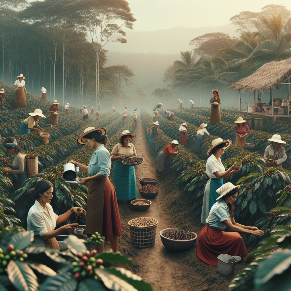 Create a realistic, editorial-worthy image showcasing Colombian Women involved in coffee farming. The scene embodies a blend of Kukuwu female farmers busy at work on their plantation. A variety of coffee plants thrive under their gentle care, symbolizing ethical sourcing coffee. The farm is women-led, displaying a sense of unity, empowerment, and strength among the workers. Capture the essence of Colombian fair trade by emphasizing the farmers' content expressions and bonds as they perform their tasks, enhancing the concept of female coffee growers. This image has no text or logos, making it the perfect fit for in-article use.
