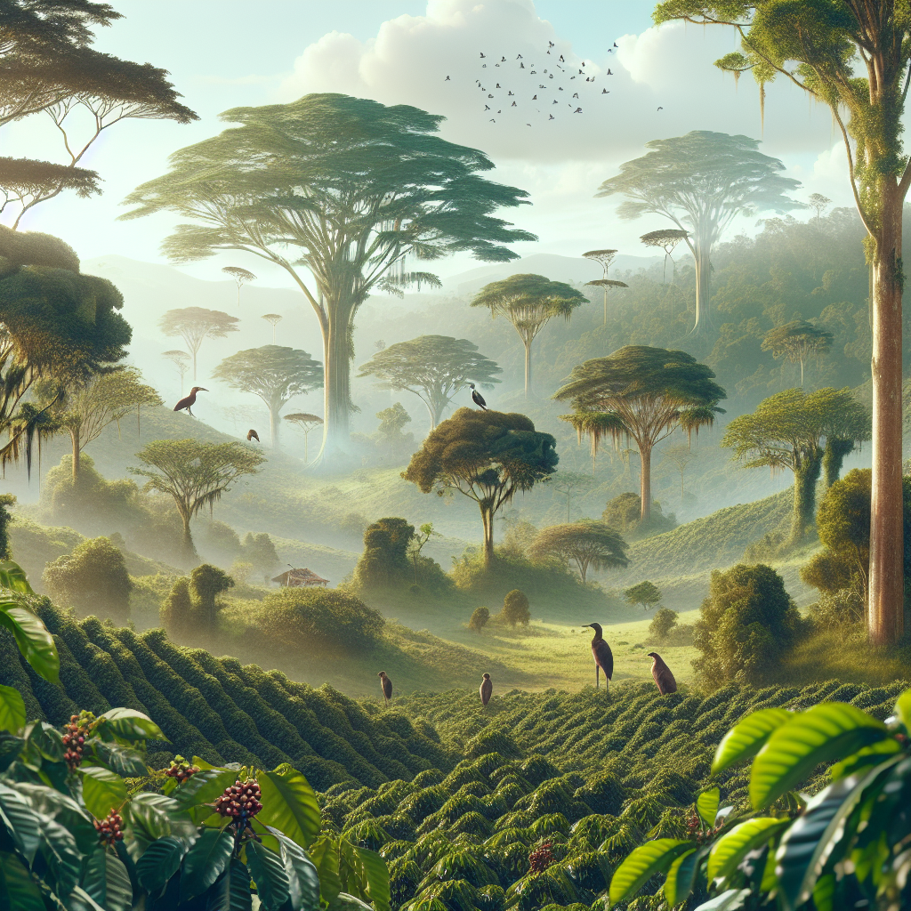 Create a detailed and realistic editorial-quality image that is perfect for a blog post about the sustainable practice of shade-grown coffee production in Colombia. The image should visually represent the key themes of Colombian eco farming, Kukuwu sourcing, and the biodiversity found on tree-covered coffee farms. Envision a serene Colombian farm scene with coffee plants thriving under the shelter of taller, diverse trees offering lush shade. Perhaps capture the biodiversity by hinting at various bird species perched on these trees. The overall image should convey the idea of sustainable coffee production, biodiversity, and environmental harmony without any integration of text or logos.