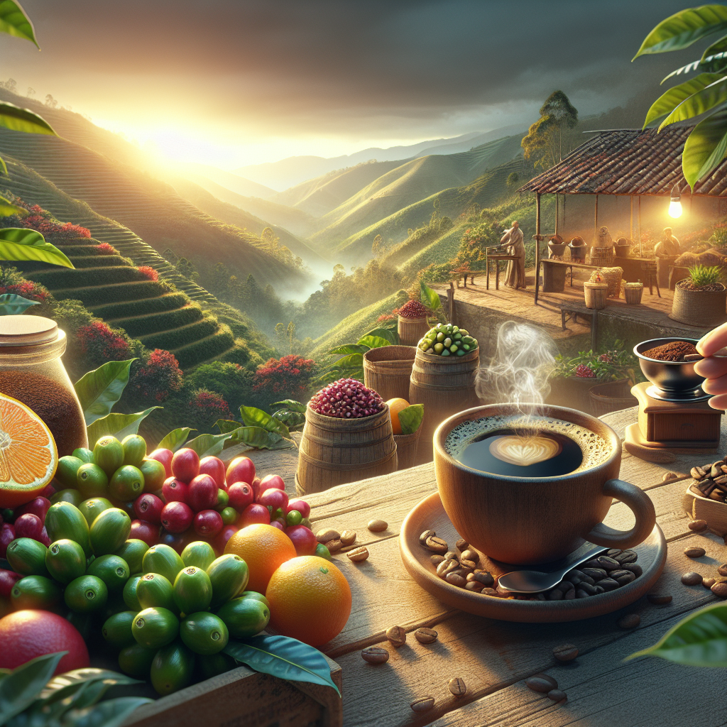 Create a realistic and editorial-quality image for context of a Colombian Coffee article. The image should feature illuminated, sun-drenched, terraced coffee-growing regions in Colombia with lush green coffee plants. Include a close-up of ripe coffee cherries showcasing their vibrant red and purple colors, signaling their flavor profiles. Introduce hints of coffee acidity and aroma by depicting citrus fruits and flowers in the periphery. Show the Colombian coffee processing in the background with hands sorting coffee beans, a traditional method of processing. Capture the essence of brewing Colombian coffee by illustrating a steamy, freshly brewed coffee cup next to a rustic-style coffee grinder. To convey the theme of coffee tasting and regional flavors, include a coffee taster in the corner, identifiable by a coffee tasting spoon and aroma wheel. Importance must be given to make the image feel grounded, topic-relevant, and appropriate for in-article use without any text or logos.
