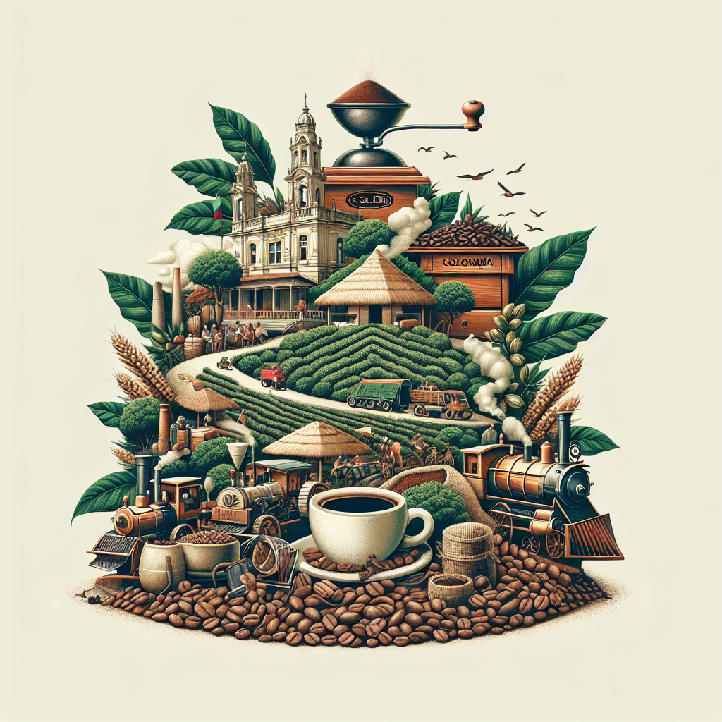 Craft a high-quality, realistic image that encapsulates Colombian coffee culture perfect for a blog post. The visuals should intimately showcase Colombian coffee, tracing its journey right from the coffee bean cultivation in Colombia, through historic and modern production processes, to its an integral component of the economy. Should artistically depict the element of innovation in Colombian coffee and the current trends in its consumption. Must present a balanced illustration focusing on sustainability in the cultivation and distribution of Colombian coffee. Lastly, hint the future of Colombian coffee subtly. The image should not include any text or logos and must be suitable for in-article use.