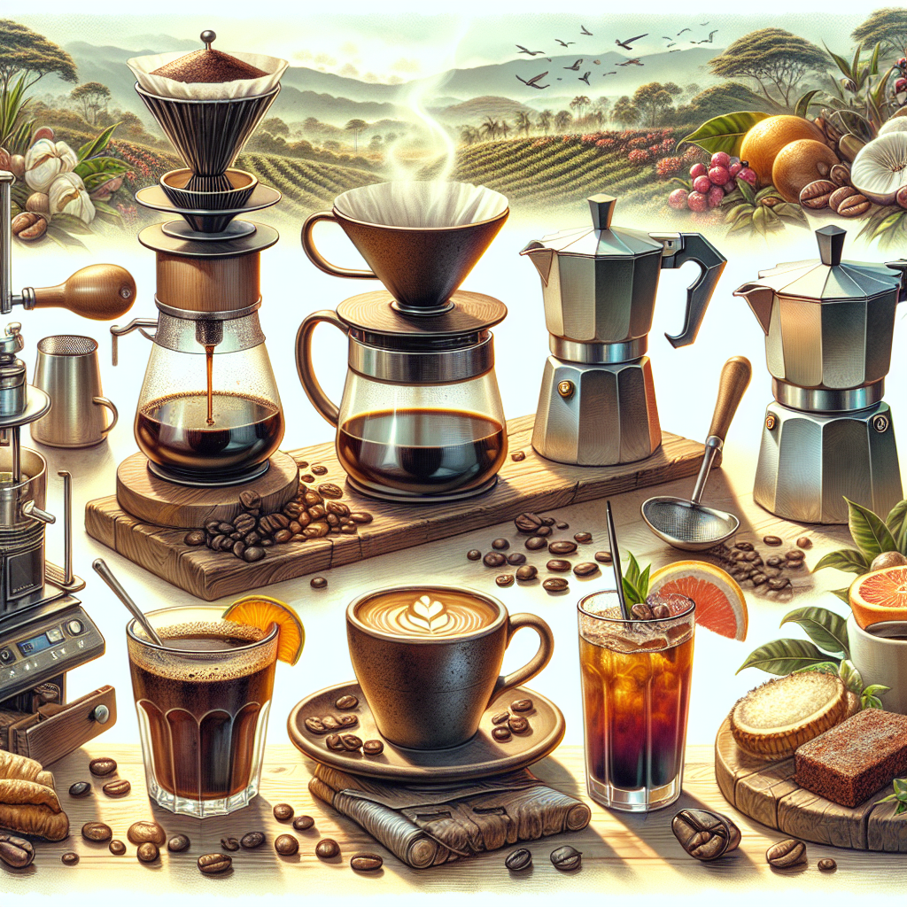 An editorial-quality image showing various elements of Colombian coffee brewing techniques. Depict a brewing process with focus on distinct apparatus like the pour over, French press, AeroPress, and Moka pot. Also, show a freshly brewed traditional Tinto and coffee cocktails in rustic mugs. Alongside, present a delicious coffee and food pairing. All elements are set against a backdrop of lush Colombian coffee plantations. The image is realistic, detailed, topic-relevant, and without any text or logos.