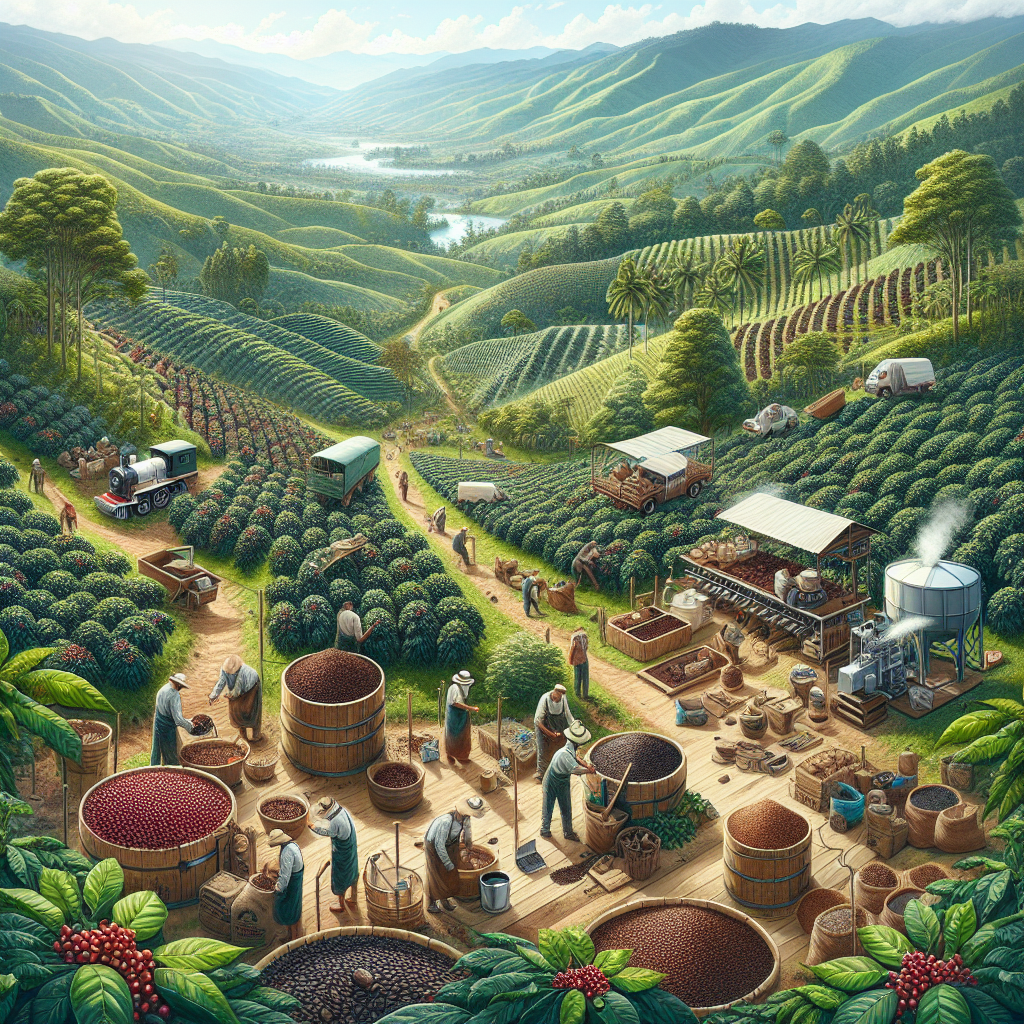 Create a detailed, realistic image that expresses the essence of Colombian coffee farming. The picture should depict a lush green coffee plantation nestled in the scenic hills of Colombia, with workers carefully harvesting rich, dark coffee beans. A balance of traditional and modern techniques should be visible, portraying sustainable methods of coffee farming. Include elements showcasing the coffee farming process, such as handpicking, sorting, washing, and drying. The overall lighting and colors should reflect the rich taste of Colombian coffee. The image must be suitable for an editorial blog post, thereby containing no text or brand logos.