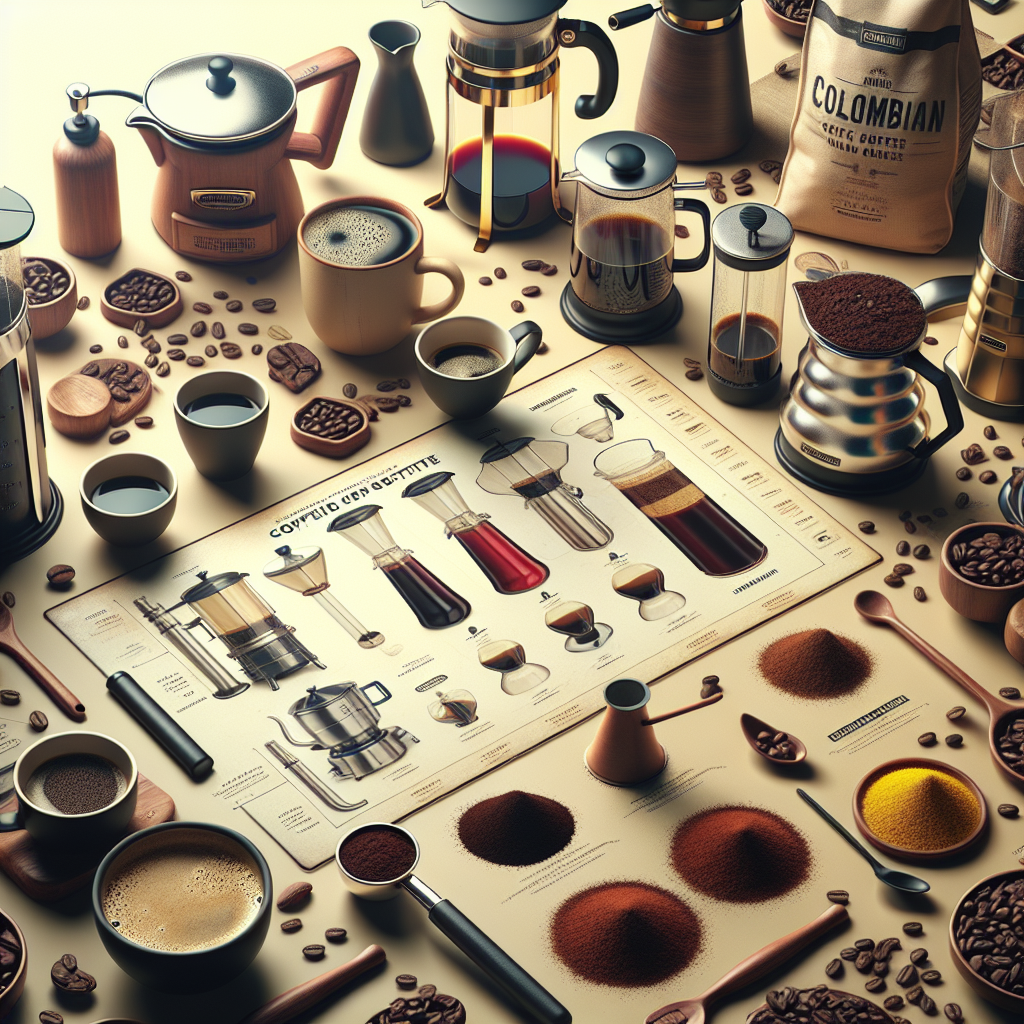 A detailed image showcasing various Colombian coffee brewing techniques. The surroundings carry the essence of a typical home kitchen environment. The center of the scene is a surface table where different brewing methods are present such as a French press, AeroPress, and pour-over coffee set. Scattered around are Colombian coffee beans, signifying their importance. Also, we see a guide depicting coffee grind sizes, in the corner of the scene. The overall image creates a strong coffee flavor profile with subtle indications towards popular coffee recipes. The image exudes a grounded and topic-relevant feel.