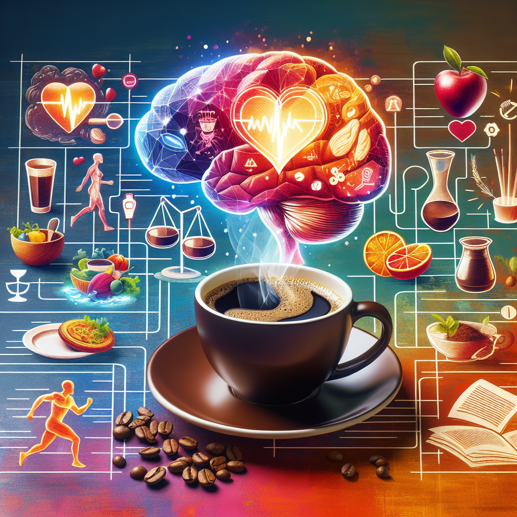 Visually depict the themes of Colombian coffee and its various health benefits. Show a steaming cup of rich, dark Colombian coffee on a vibrant kitchen table. Nearby, include visual metaphoric elements that represent mental and physical health, diet, and nutrition. These could perhaps be a bright, glowing brain to symbolize mental health, an energetic running figure to show physical health, a proportionate food plate for diet, and a scale for nutritional balance. Further include symbols of a healthy heart, a well-functioning liver, and sugar levels in the image, denoting heart health, liver health, and diabetes prevention attributed to coffee. Lastly, illustrate some healthy coffee-based recipes with wholesome ingredients added into the coffee.