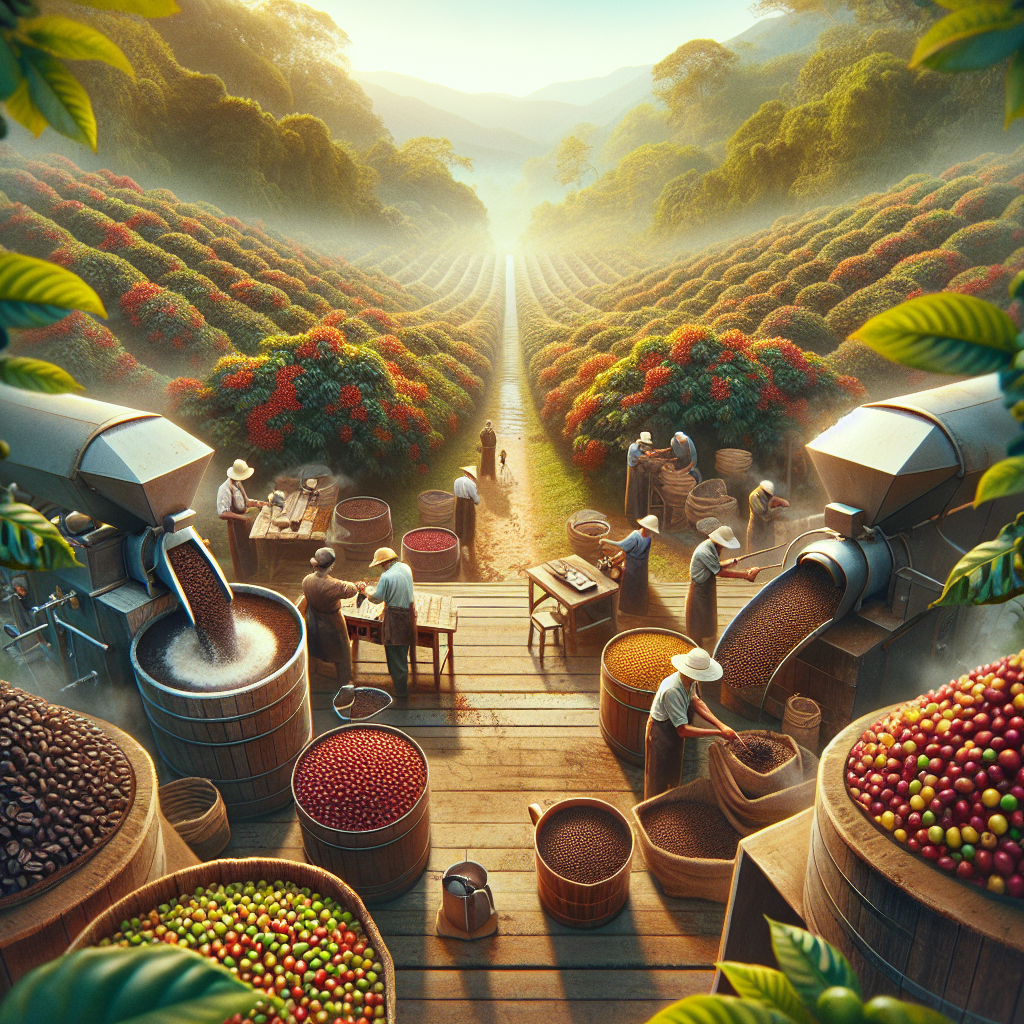 Create an editorial-quality image relevant to Colombian coffee production. Start with a lush Colombian coffee farm, brimming with ripe coffee berries on a bright day. Move onto workers meticulously harvesting the berries, sorting them by color, and processing them. Showcase the roasting process with beans distorting in color and shape. Include scenes of quality control where the beans are inspected and tasted. End the image composition with final steps of exporting the well-packaged Colombian coffee. Convey a vivid coffee journey from bean to brew, with a sense of grounded reality and stunning quality.