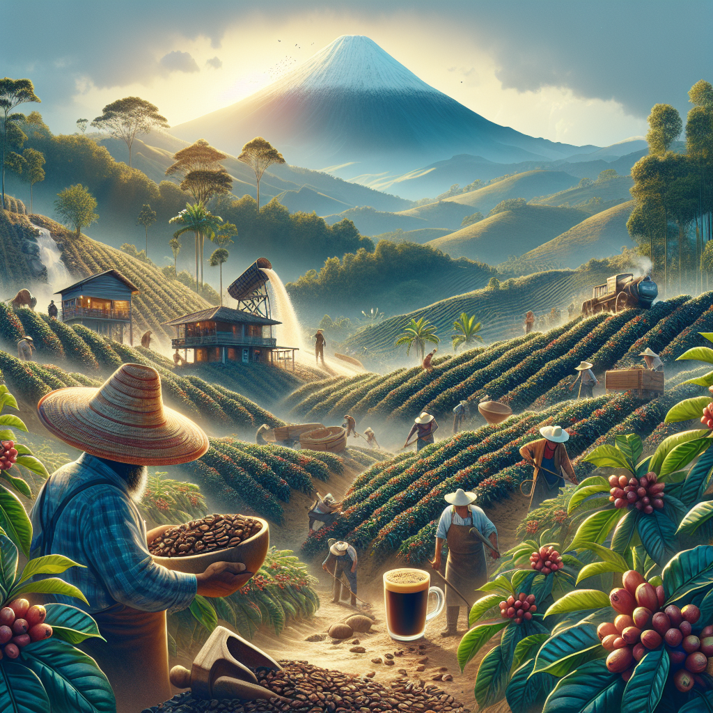 Create a high-quality editorial image for a Colombian coffee-themed blog post. The image should showcase a vivid scene of coffee cultivation in Colombia, with coffee plants in various stages of growth, workers engaged in harvesting the beans, and a spectacular mountainous background that is typical of Colombia's geography. Include references to traditional coffee harvesting methods such as manual picking and drying of beans. Integrate elements of Colombian culture, for instance, a traditional farmer wearing a traditional hat known as 'sombrero vueltiao' and scenes of local lifestyle. The final part of the image should depict the beans transitioning to a stunning brew, without including any text or logos. The overall portrayal should be grounded, topic-relevant, and suitable for in-article usage.