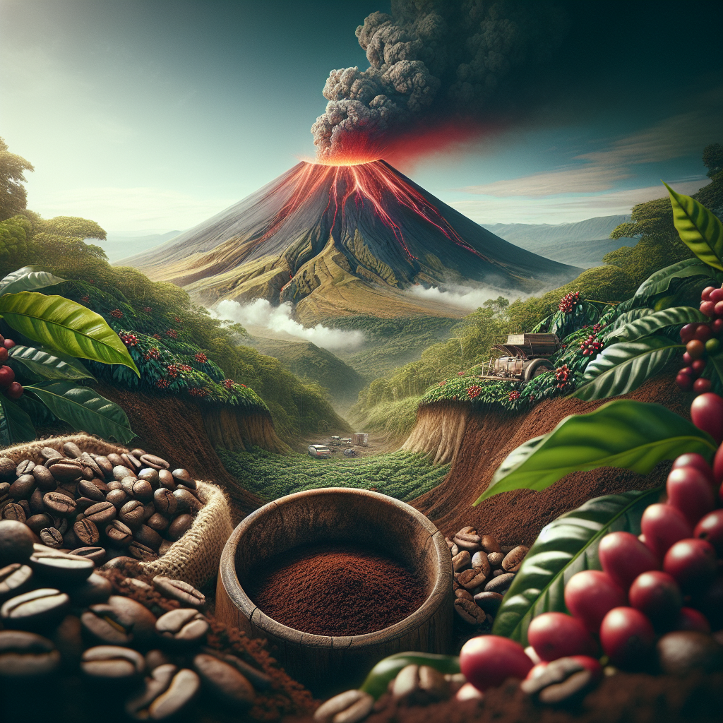 A high-quality image with a strong focus on the theme of Colombian coffee. In the foreground, a close-up of fresh, exquisitely roasted, coffee beans from Colombia. In the background, an active volcano simultaneously demonstrates the fiery force of nature and the rich, fertile volcanic soil around its base. Visible within the volcanic soil are coffee plants lush with green leaves and ripe red cherries ready for harvesting. The color palette is a pleasant blend of rustic browns and verdant greens, bespeaking a sense of grounded realism. Make sure the image is well composed and appropriate for in-article use, free of text and logos.