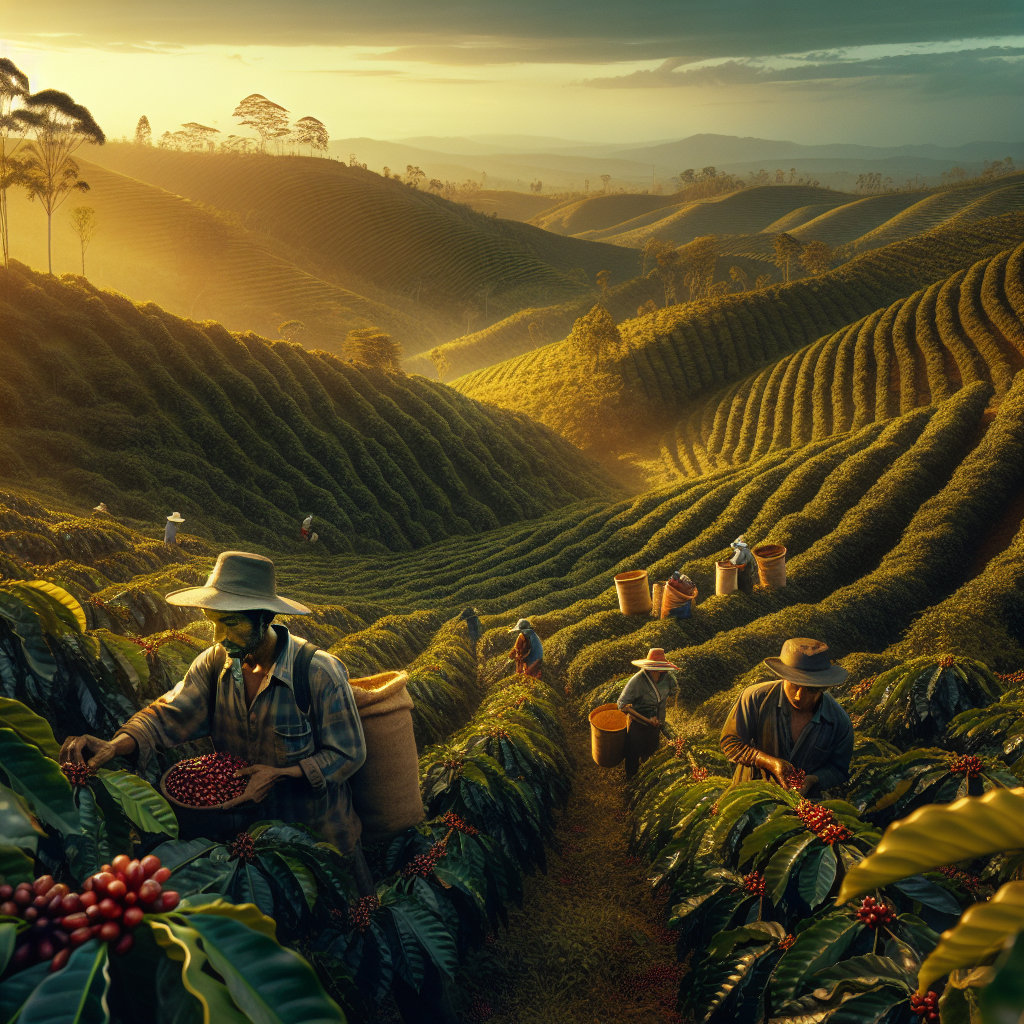 An image that encapsulates the essence of a Colombian coffee harvest. Show lush coffee plantations spread across the rolling hills of Colombia during peak harvest season. The image should feature farmers of a mix of descents, including ones of Hispanic and Black descent, both male and female, handpicking the coffee cherries. There should be a sense of pride and focus in their expressions, indicating their dedication to maintaining the quality of the harvest. The sun is near the horizon, casting a golden light over the scene, enhancing the deep green of the coffee plants and the bright red of the ripe coffee cherries.