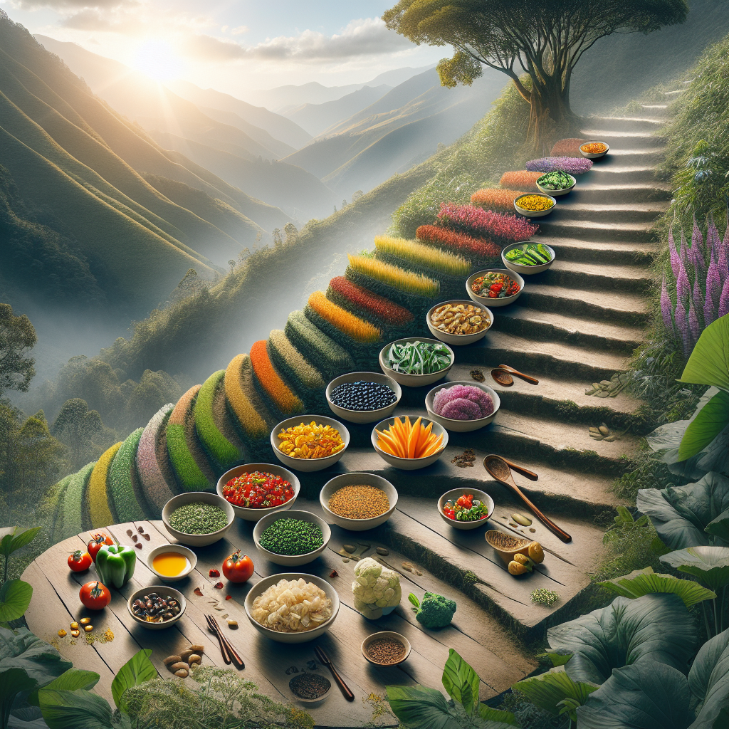 Create an image that depicts the stunning role of altitude in enhancing the flavor and yield of crops. Show a series of terraced fields climbing up a mountain, each level blooming with different colorful crops. Next to this, imagine a tasting table set up with bowls of the same crops, each one turning into a flavorful dish, showing the escalation of flavor as the altitude increases. Ensure the image feels grounded, depicts the topic accurately, and avoids including any text or logos. The overall aesthetic should be of editorial-quality, ideal for in-article usage.