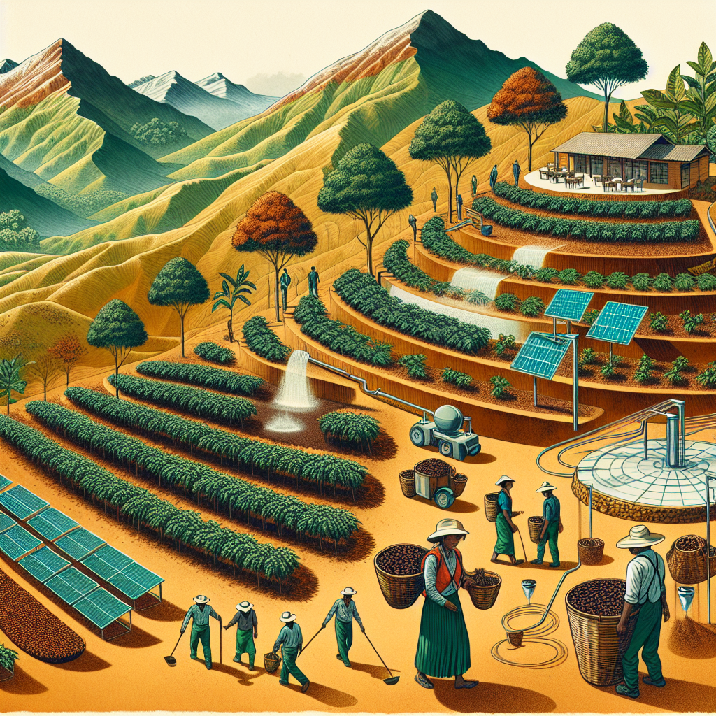 An illustrative depiction of a Colombian coffee farm set against the backdrop of a mountain range. The primary focus of the image should be the sustainable strategies in place: trees arranged in terraces to help manage soil erosion, use of a drip irrigation system to conserve water, and solar panels installed for renewable energy. Include workers carrying baskets filled with coffee beans, reflecting different genders and descents such as South Asian female and Black male workers. The image should have an overall earth tone color scheme, projecting a sense of realism, groundeness and relevance to the topic of combating climate change.