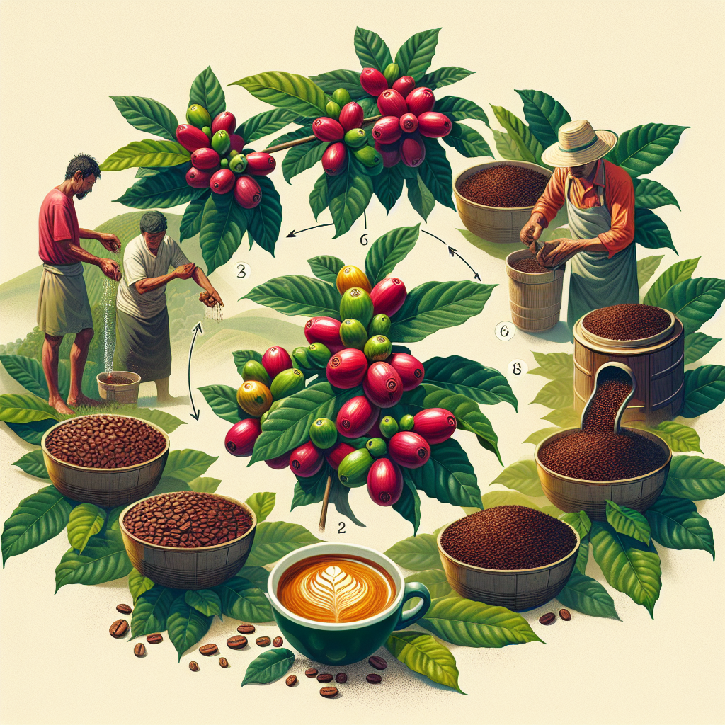 Generate a realistic, editorial-quality image depicting the lifecycle of Colombian coffee. The illustration should start with a coffee plant in the foreground, its ripe cherry-red coffee beans glowing against the dense leaves. Middle-Eastern male farmers can be seen handpicking beans meticulously. Transition the image to depict the process of washing and drying under the equatorial sun. Then show the roasting stage, where the beans turn deep brown and emit a captivating aroma. Finally, depict a cup of rich espresso, steaming lightly. The image needs to carry a grounded and topic-relevant feel, suitable for embedding in a blog post. Ensure that the image has no text or logos.