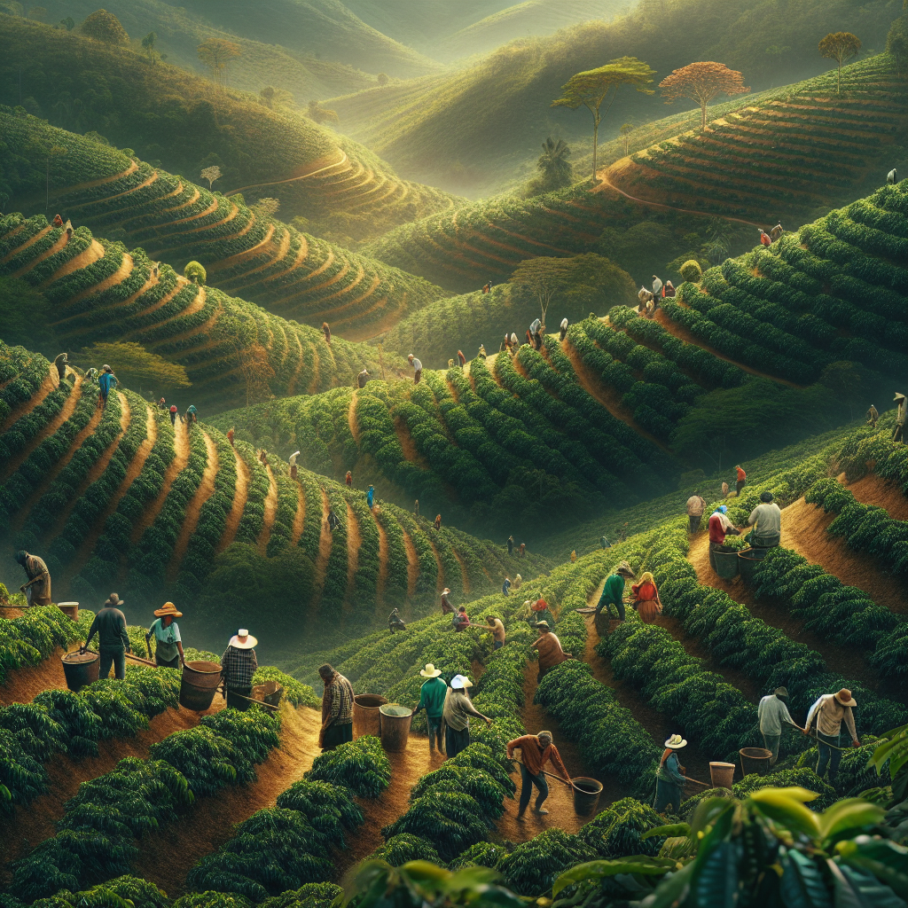 An image that portrays the concept of cooperative farming in the heart of a Colombian coffee community. Imagery to include lush green coffee plantations etched onto hilly terrains with local farmers - amongst them, both men and women of diverse descents such as Caucasian, Hispanic, Black and South Asian - working together. This should depict the overall impact of their collaborative efforts in vibrant coffee production. The image should hold a realistic, editorial-quality, setting a grounded and topic-relevant tone suitable for an in-article use. The scene should be devoid of any text or logos.