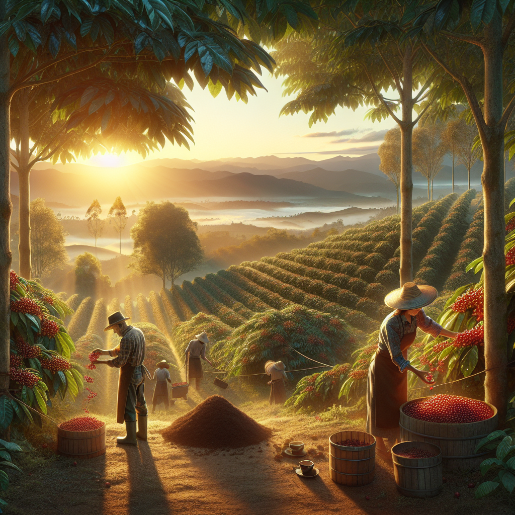 An image of a serene Colombian coffee farm at sunrise depicting organic practices. The golden rays of the setting sun pierce the leaves of tall coffee trees while workers, an Asian female and a Caucasian male, are quietly performing their tasks, manually collecting vibrant red coffee cherries. Nearby, a pile of organic compost is being prepared. In the background, panoramic views of the Andean mountains stretch as far as the eye can see. This pastoral scene is free from any text or logos, grounding the viewer in the tranquility and purity of organic coffee farming.