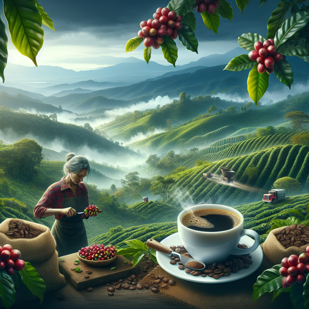 A high-quality, realistic image illustrating the concept of coffee from Cauca. This scene should depict lush, green coffee plantations nestled in a rolling landscape with misty mountains in the background, symbolizing Cauca region. A coffee farmer, a Hispanic woman, could be seen selectively handpicking the ripe, red cherries from the coffee plant, signifying the careful process of coffee harvesting. Additionally, include imagery of a freshly brewed steaming cup of coffee next to a sack of coffee beans to represent the end product – the delightful, must-have beverage. The image should be topic-relevant, without any text or logos.