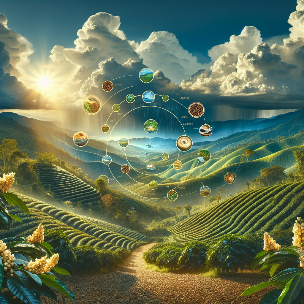 Create an awe-inspiring, realistic picture depicting the climate variations that shape the unique Huila coffee's flavors. Envisage the winding coffee plantations interspersed amongst the emerald hills under the wise bluish-grey sky, with sun rays filtering through the clouds casting a golden hue. Imagine being able to trace the journey of a single coffee bean, from the flowering stage to the harvesting, each stage influenced by the climate changes. The key elements such as rains, sun, and wind should emphasize the diverse weather conditions that contribute to the quality of the coffee. This image should be suitable for a blog post and have no text or logos.
