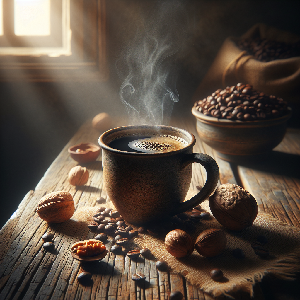 Create an image of a realistic, editorial-style coffee scene. Showcase a mug of rich, warm coffee sitting on a rustic, worn table. The coffee itself should radiate the aroma of its stunning nutty flavor with visible steam wafting off of it. Next to the mug, include ripe coffee beans and some fresh nut produce to subtly suggest the origin of nutty flavors. The lighting should be soft and subdued, enhancing the mood of the room. The background could be softly blurred to maintain the focus primarily on the coffee. Remember, the image must be appropriate for in-article use and should not include any text or logos.