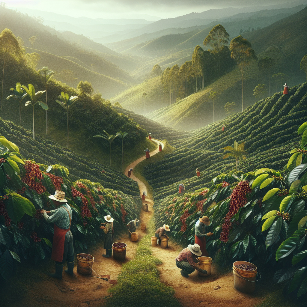Create an editorial-quality, realistic image reflecting lesser-known coffee regions in Colombia. The scene should feature the lush greenery of a secluded coffee plantation, nestled in the hilly landscape of Colombia. There should be a mix of ripe coffee cherries on the plants and workers of diverse gender and from Hispanic descent diligently picking them. Insert pathways leading deeper into the plantation, suggesting a taste-tour journey through this coffee heartland. The feel of the image should be grounded and topic-relevant, appropriate for usage in a blog article with no text or logos.