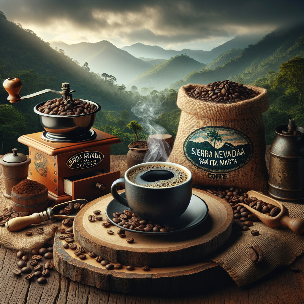 Create a visually appealing scene that embodies the essence of artisan Sierra Nevada de Santa Marta coffee. The primary focus should be a close-up of a cup of black coffee, with steam rising and beans of this specialty coffee scattered around. Also incorporate farming elements showcasing traditional coffee harvesting methods, like a rustic coffee grinder and a vintage-style burlap sack with coffee beans spilling out, to reference the production process. The backdrop should be the lush, green mountains of Sierra Nevada de Santa Marta. Make sure the image feels grounded, and is suitable for a blog post.
