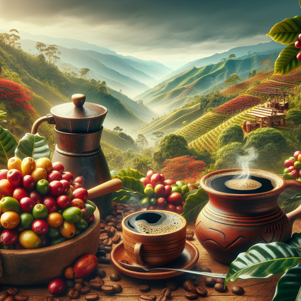 Create a visually rich, editorial-style image that captures the essence of the Medellín coffee blend while also showing off the stunning flavor cues behind it. The image should depict a lush coffee plantation nestled within the mountainous landscapes of Colombia. Close up, one can see ripe coffee berries waiting to be harvested. Nearby, there's a traditional Colombian coffee brewing setup with a pottery coffee pot and unique wooden coffee mugs that are filled up with steaming Medellín coffee blend. The image portrays the vibrant richness of Medellín Coffee and no text or logos should be included.