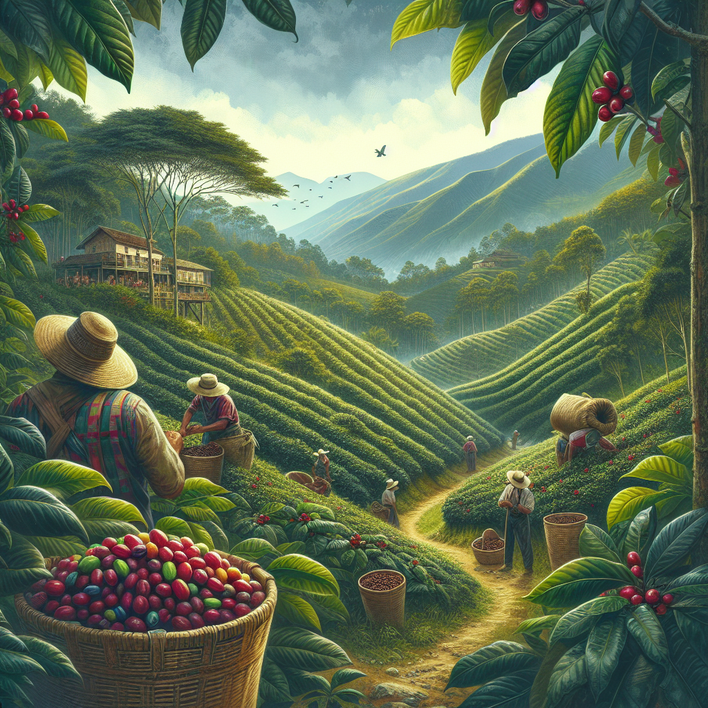 Create a highly realistic image suitable for a blog post about the history and identity of Colombian coffee, without including any recognizable figures. Showcase themes such as lush green coffee plantations nestled in the mountains of Colombia, workers meticulously hand-picking coffee beans, traditional Colombian attire, and baskets filled with ripe, red coffee cherries. The mood of the image should be grounded and topic-relevant, perfectly capturing the coffee cultivation process in Colombia, with no text or logos, making it ideal for in-article use.