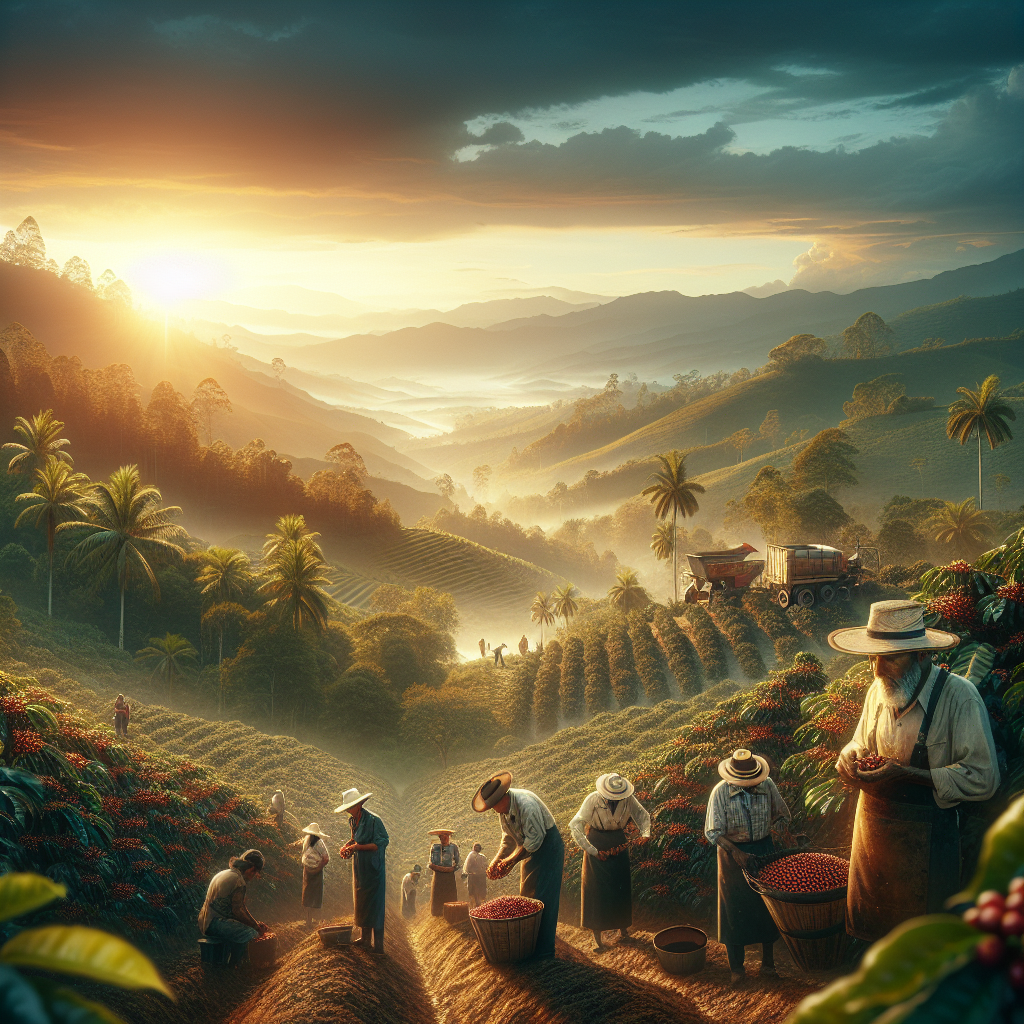 Create a realistic, editorial-quality image for an unspoken narrative about the significance of coffee in Colombia. The scene should include a breathtaking sunrise over Colombian coffee plantations, with rich fields adorned with flourishing coffee trees. Close by, a group of Colombian coffee farmers, varied in gender and featuring a mix of Hispanic and Indigenous descent, meticulously handpick ripe coffee cherries. In the distant landscape, Colombian mountains stand majestically, witnessing the hard work and dedication that usher in the new day. The image should evoke the immense pride and cultural influence that coffee has in Colombia.
