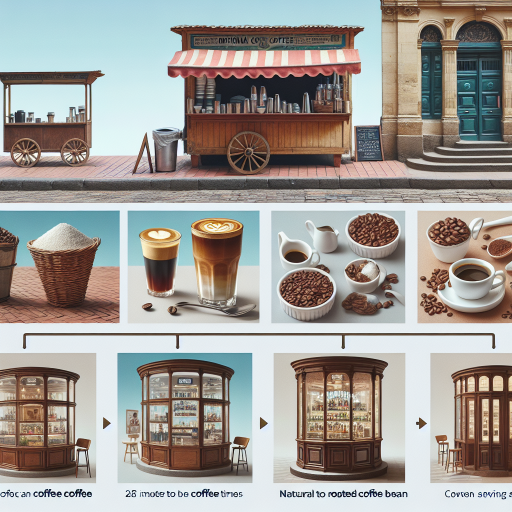 A visual timeline detailing the evolution of coffee shops in Bogotá. Imagery includes a kiosk selling coffee on a charming cobblestone street from earlier times transitioning to a modern cozy coffee shop with a grand glass window display. These two points in time are connected by subtle elements such as a laid out image of a natural to roasted coffee bean transformation and serving methods. The image must feel realistic, refined enough for a blog context, without any text or logos.