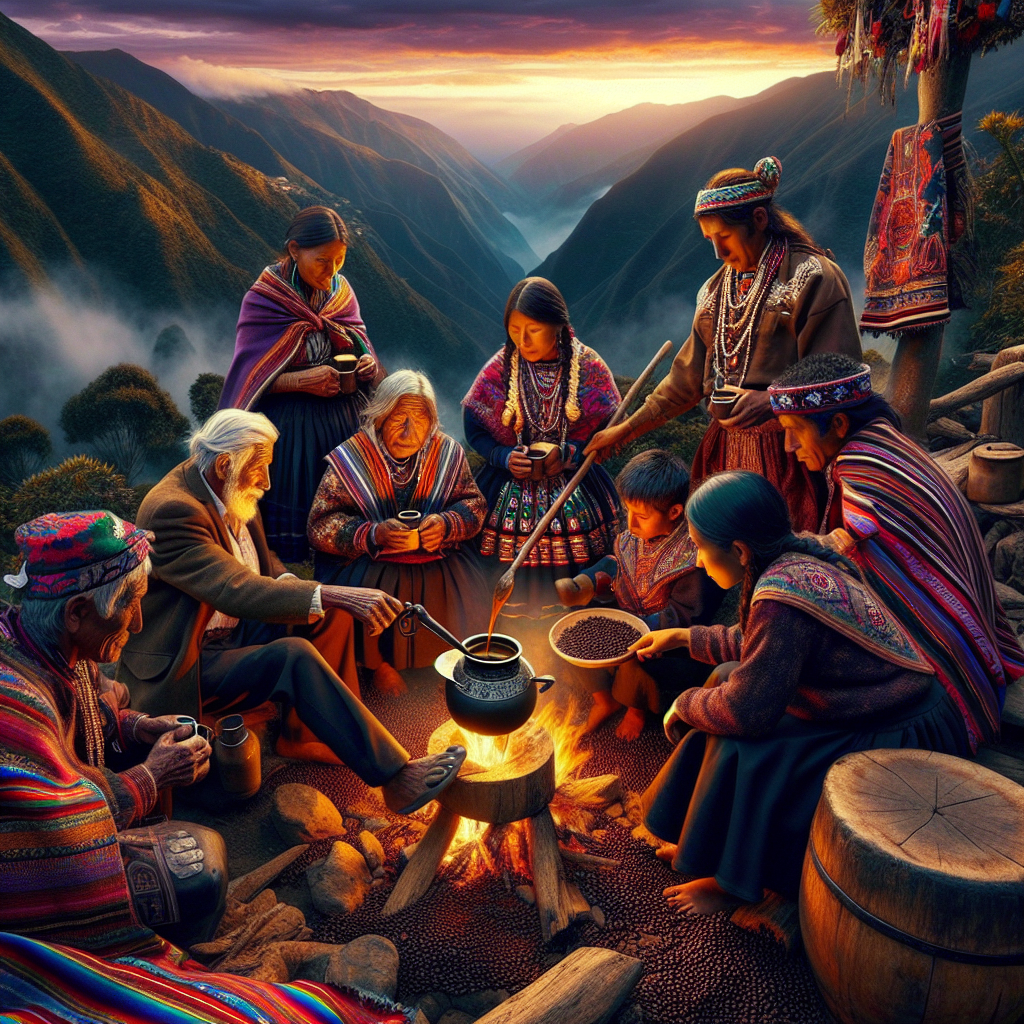 An intriguing editorial-quality image depicting the rich cultural traditions surrounding coffee in the Andean region. Picture a high-altitude landscape vibrantly painted with the hues of a South American sunrise. A small indigenous group of varied genders and descent is gathered around a log fire, engaged in the serene ritual of coffee preparation. An elderly man, a Middle-Eastern woman, and a Black teenager are seen stirring a traditional iron pot filled with freshly brewed coffee. Nearby, a Caucasian woman and a Hispanic young man exchange coffee beans, their faces lit by the first light of day. Their clothes are adorned with traditional Incan symbols and patterns, and a fabric naturally dyed in bright colors can be seen stretched out for drying. Amid the shared activity, focus on the sense of community, heritage, and the palpable love for coffee that binds them together. The image should be realistic, make sure to exclude any text or logos.